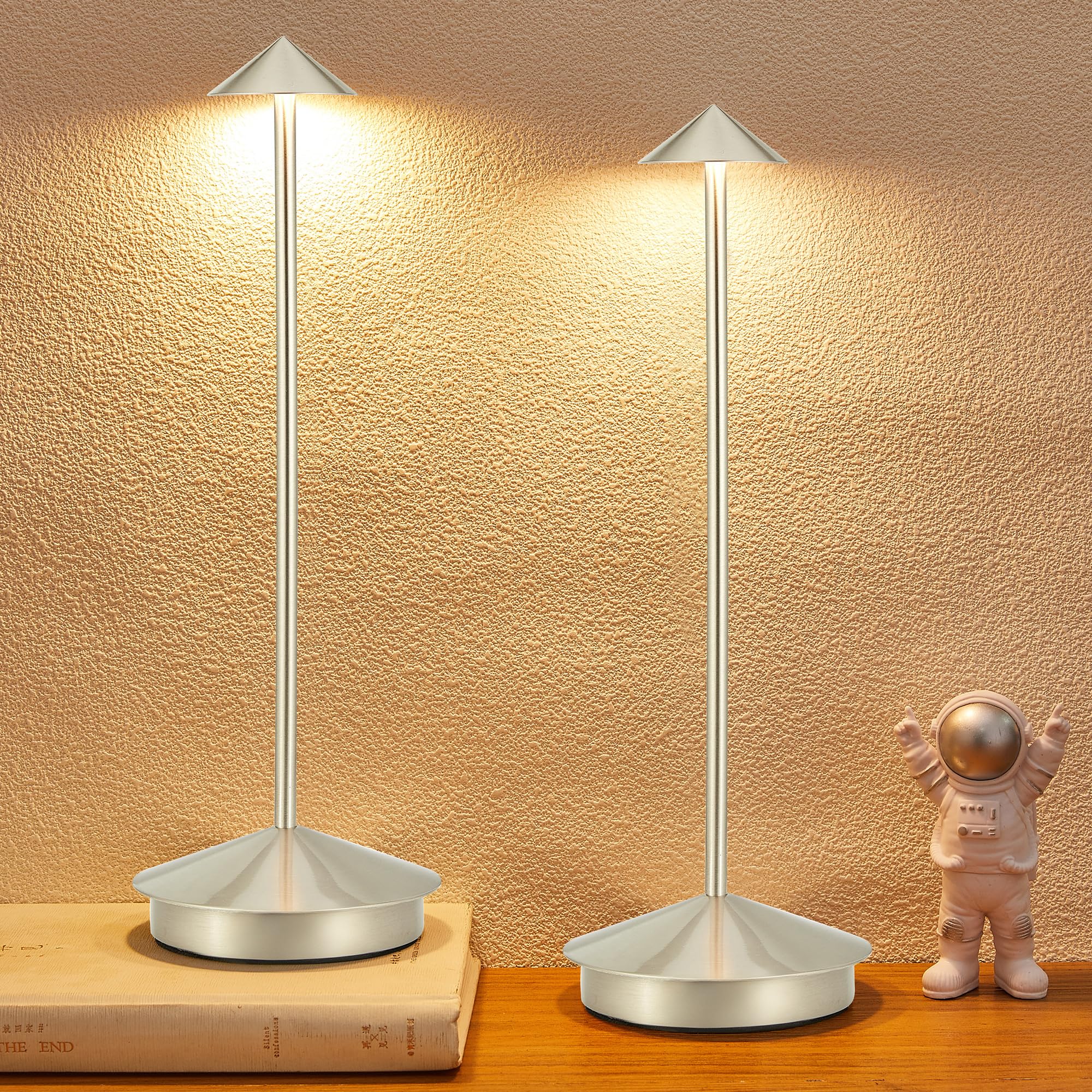 XMINKDZA Portable LED Table Lamp 2 Pack, Rechargeable 6000mAh, Dimmable, IP54 Waterproof, Silver, Aluminum, Model XDJDSJBBM