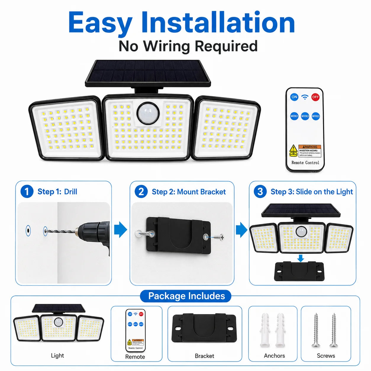 368LED Triple-Head Solar Powered Motion Sensor Outdoor Security Floodlight with Remote Control Waterproof Wall-Mounted Garden Lights for Garage Patio Garden Porch