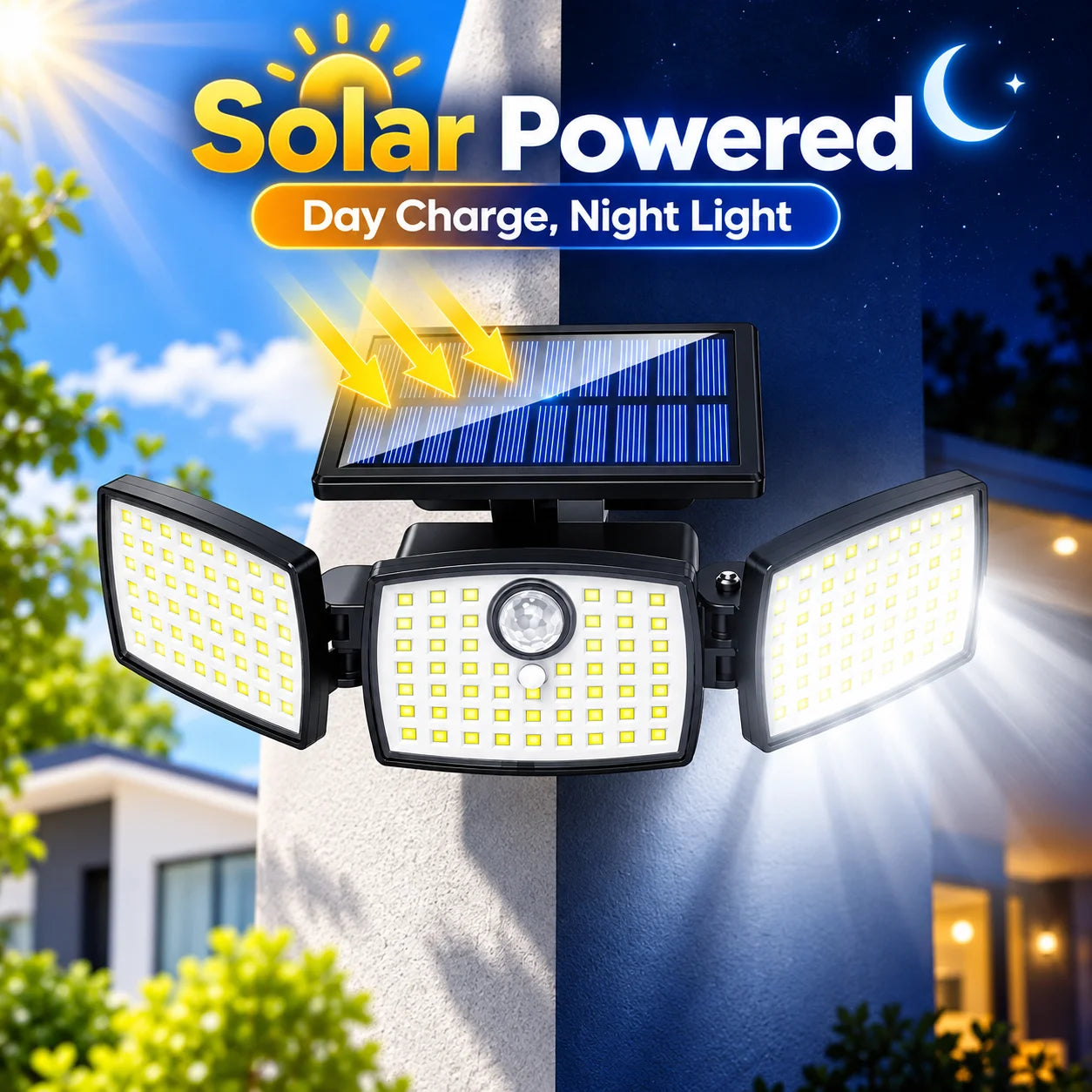 3-Head Solar Motion Sensor Security Lights with Remote Control, Adjustable Wide-Angle Outdoor LED Flood Light for Garage, Yard, Porch, Patio