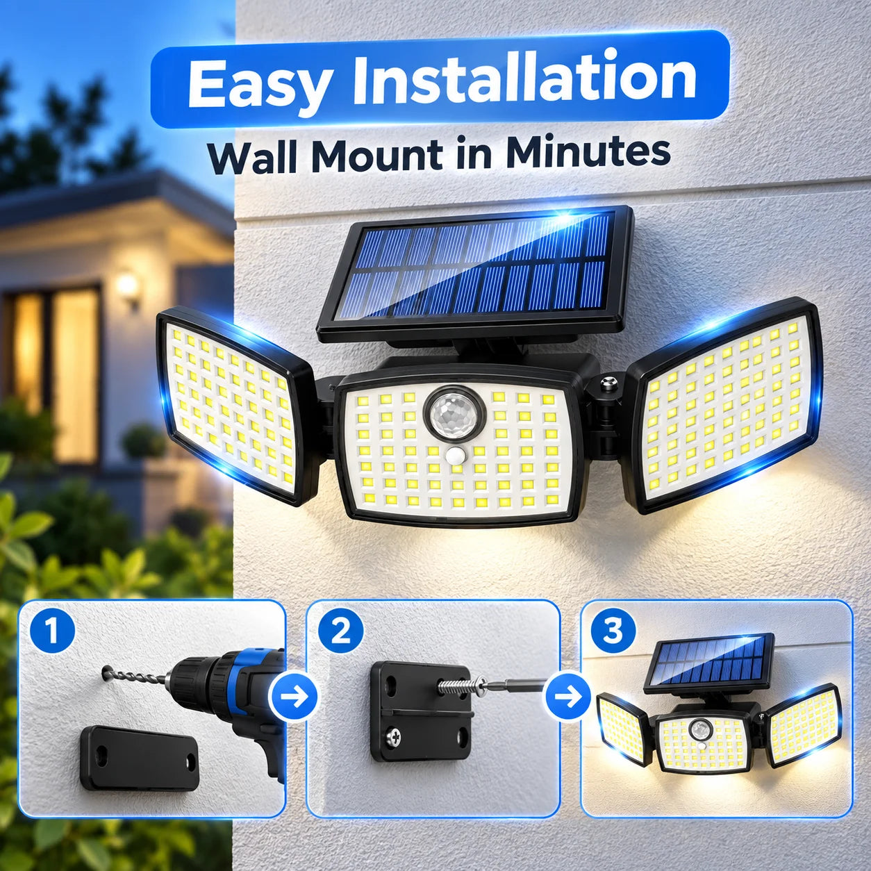 3-Head Solar Motion Sensor Security Lights with Remote Control, Adjustable Wide-Angle Outdoor LED Flood Light for Garage, Yard, Porch, Patio
