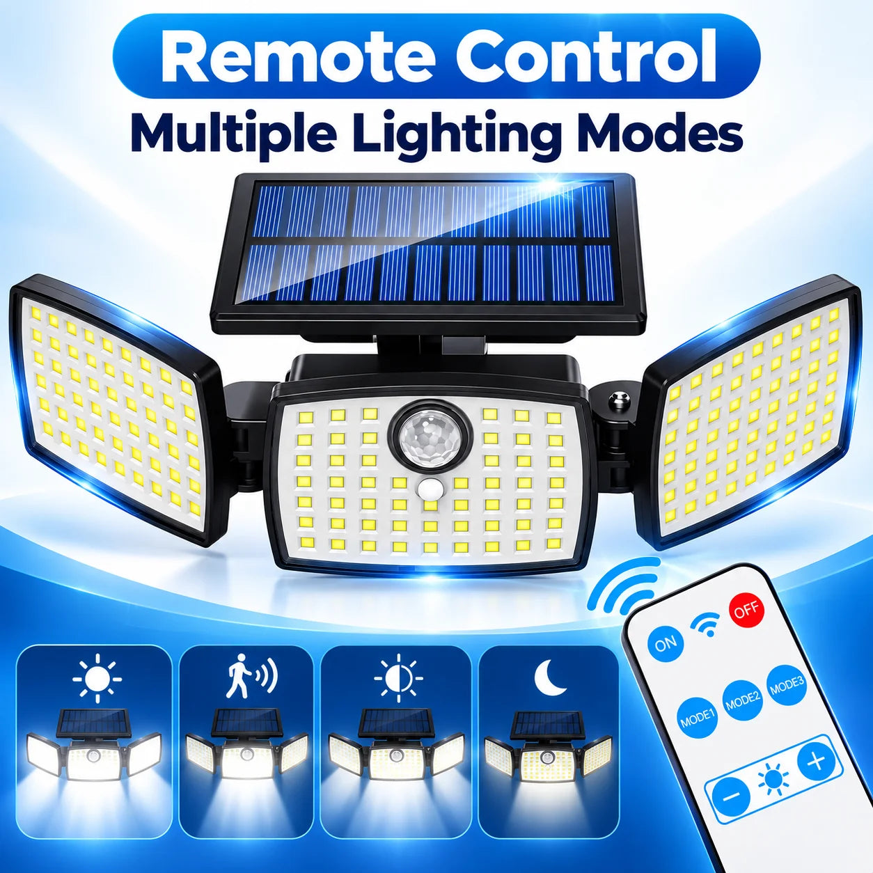 3-Head Solar Motion Sensor Security Lights with Remote Control, Adjustable Wide-Angle Outdoor LED Flood Light for Garage, Yard, Porch, Patio
