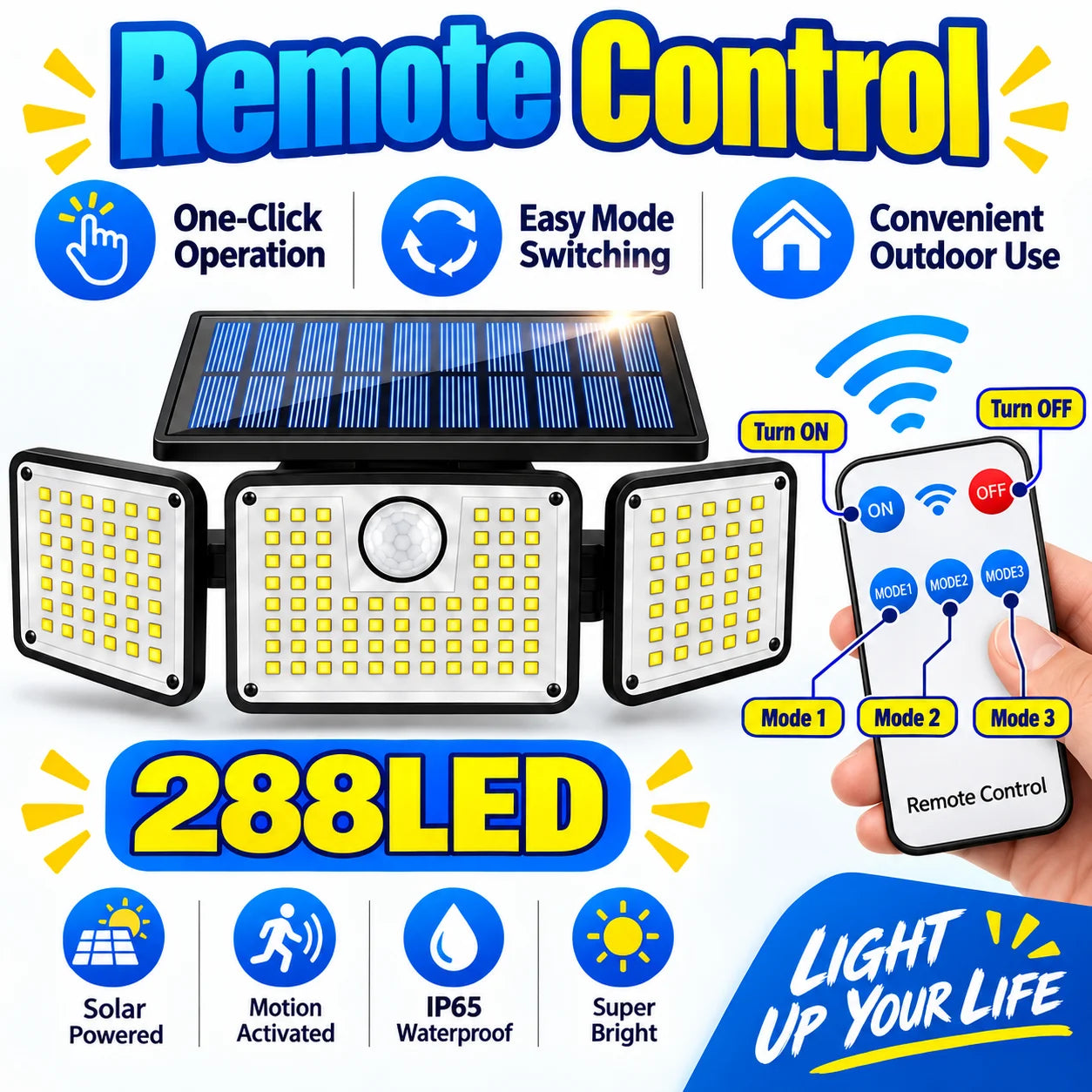 288 LED Solar Motion Sensor Light with Remote Control, 3 Adjustable Heads Outdoor Security Flood Light, 3 Lighting Modes, IP65 Waterproof Solar Wall Light for Yard, Garage, Patio & Porch