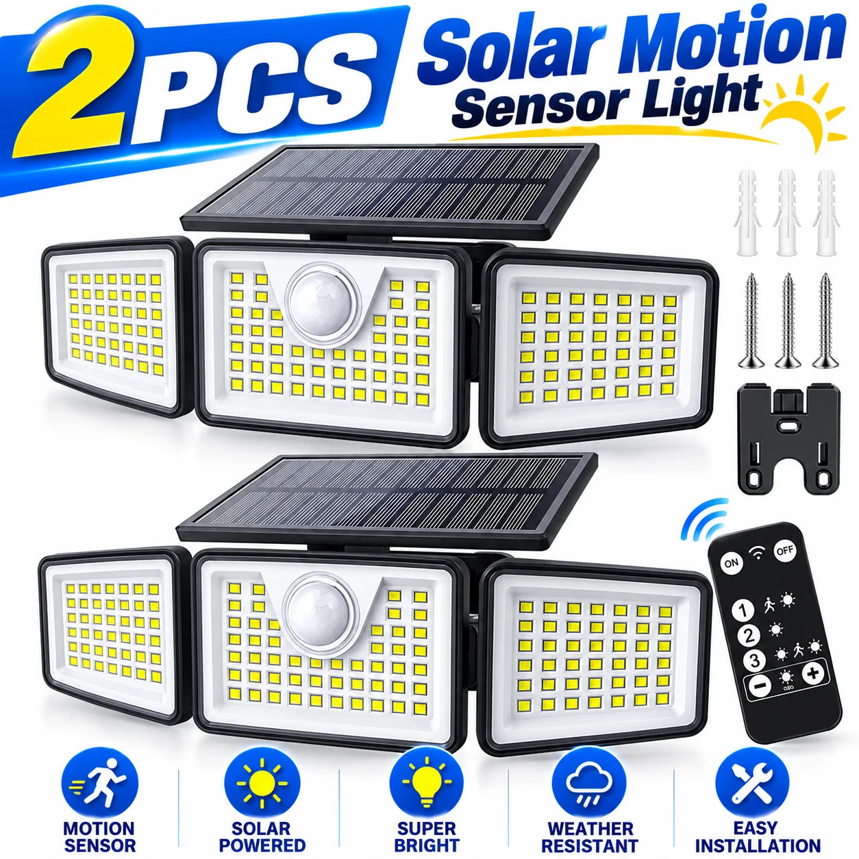 2PCS Solar Motion Sensor Security Lights with Remote Control, 3 Lighting Modes, 270° Adjustable 3-Head LED Outdoor Wall Lights, IP65 Waterproof Solar Flood Lights for Garage, Yard, Garden, Patio & Front Door