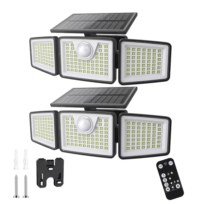 2PCS Solar Motion Sensor Security Lights with Remote Control, 3 Lighting Modes, 270° Adjustable 3-Head LED Outdoor Wall Lights, IP65 Waterproof Solar Flood Lights for Garage, Yard, Garden, Patio & Front Door