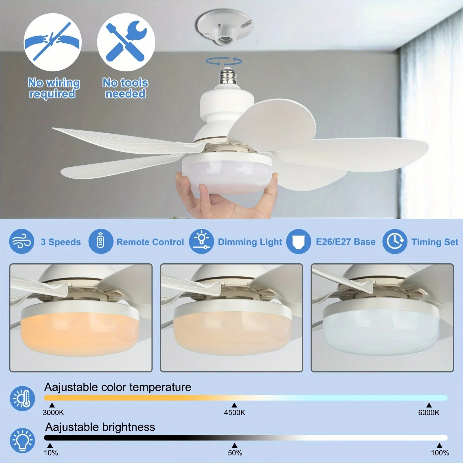 40W Socket Fan Light, 21.5" Screw Ceiling Fan with Light and Remote, E27 Socket Fan with LED for Bathroom, Bedroom, Kitchenfor