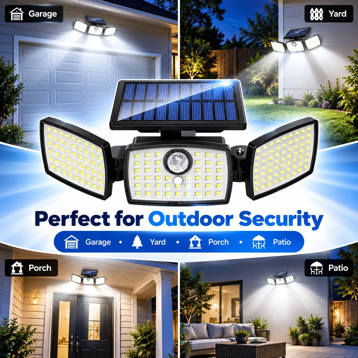 3-Head Solar Motion Sensor Security Lights with Remote Control, Adjustable Wide-Angle Outdoor LED Flood Light for Garage, Yard, Porch, Patio