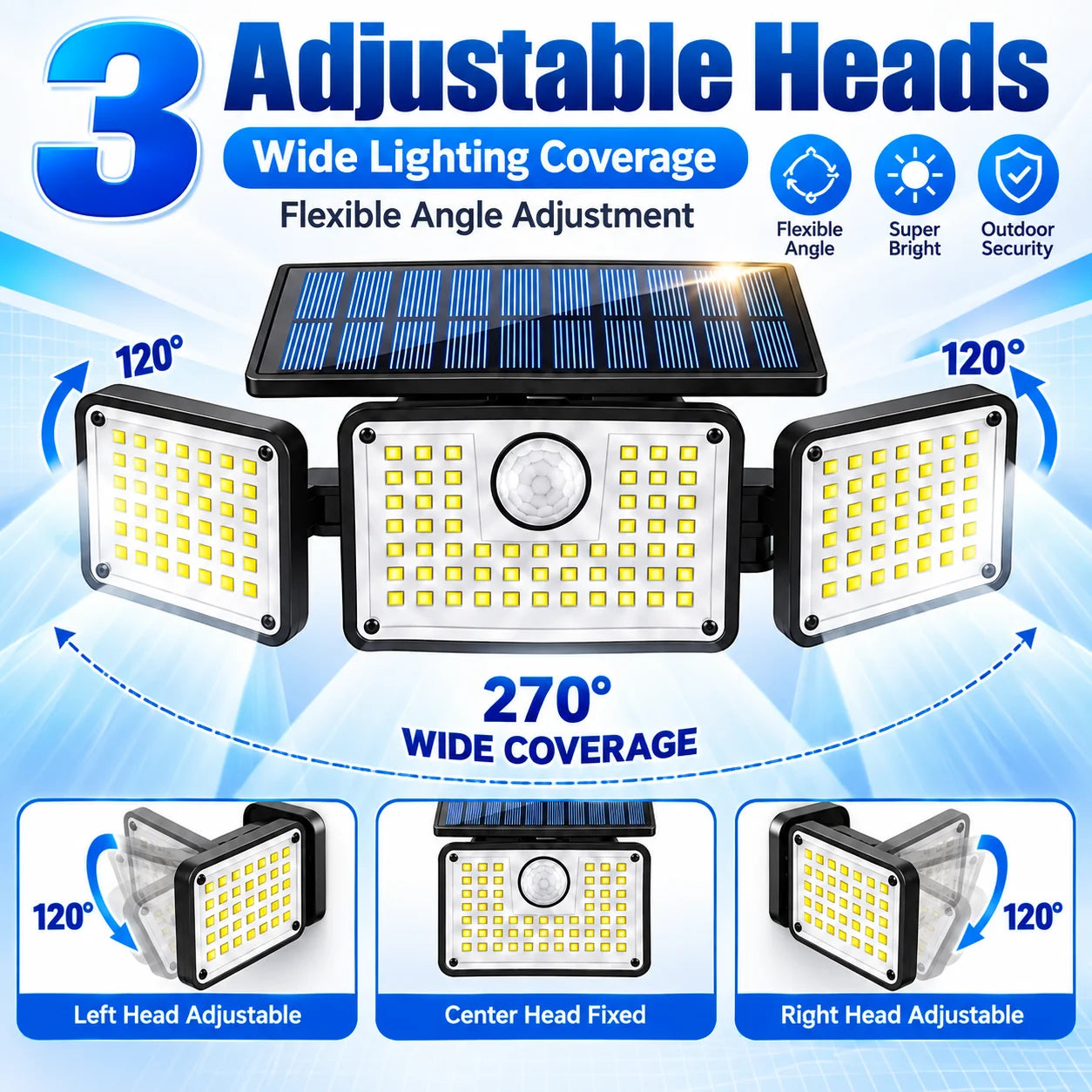 288 LED Solar Motion Sensor Light with Remote Control, 3 Adjustable Heads Outdoor Security Flood Light, 3 Lighting Modes, IP65 Waterproof Solar Wall Light for Yard, Garage, Patio & Porch
