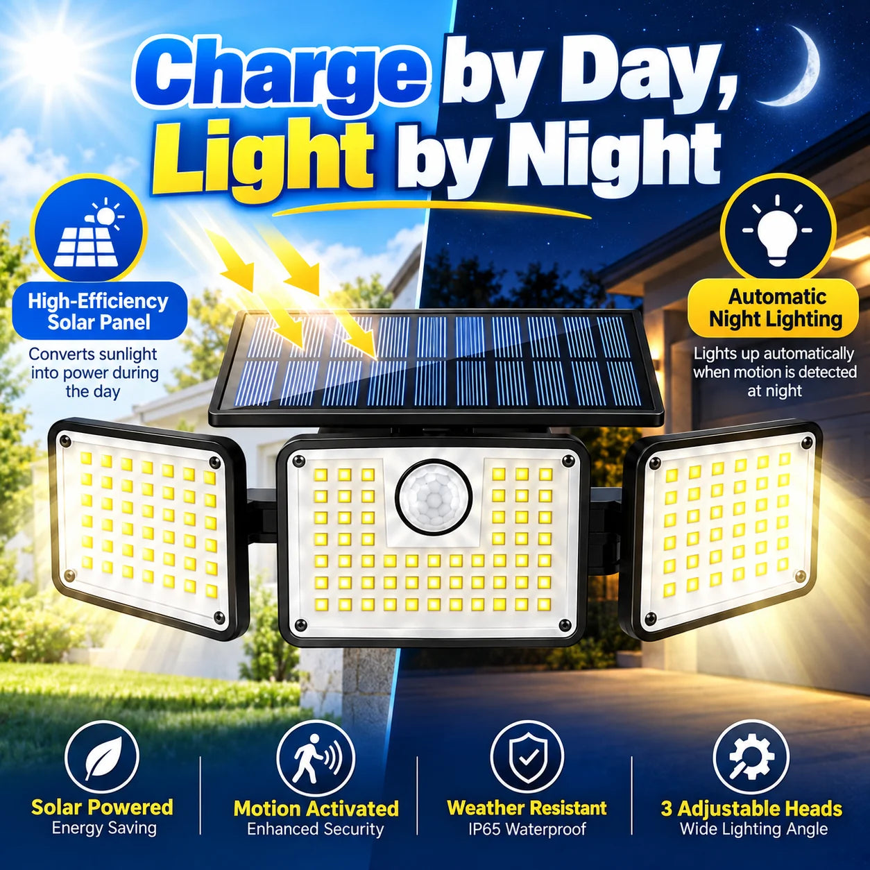 288 LED Solar Motion Sensor Light with Remote Control, 3 Adjustable Heads Outdoor Security Flood Light, 3 Lighting Modes, IP65 Waterproof Solar Wall Light for Yard, Garage, Patio & Porch