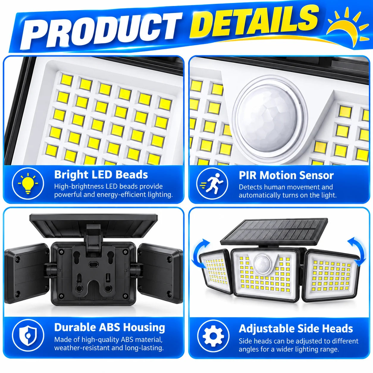 2PCS Solar Motion Sensor Security Lights with Remote Control, 3 Lighting Modes, 270° Adjustable 3-Head LED Outdoor Wall Lights, IP65 Waterproof Solar Flood Lights for Garage, Yard, Garden, Patio & Front Door