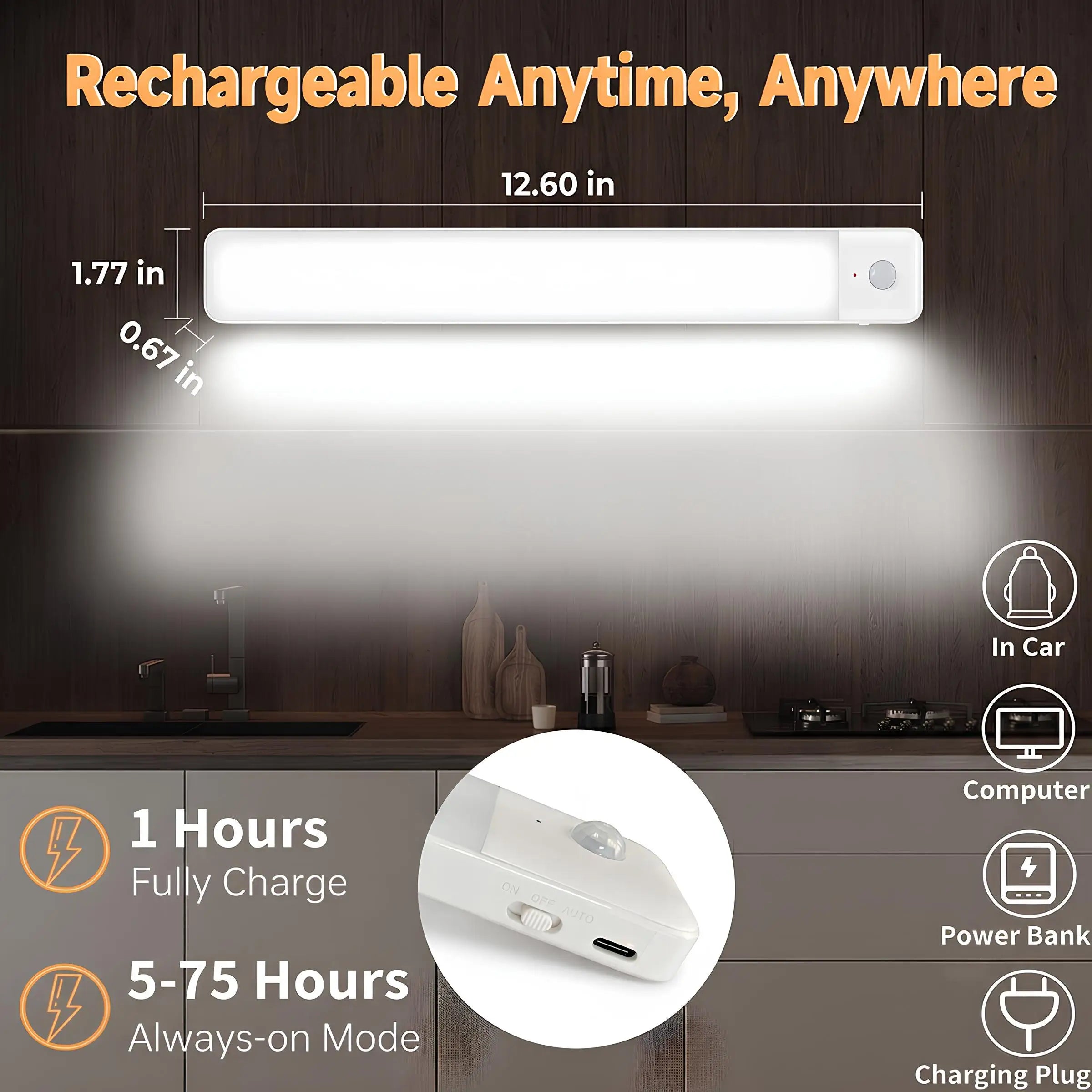 80 LED Lamp under Cabinet Light 12.6 Inch Motion Sensor Rechargeable Magnetic Night Lamp for Cupboard with Type-C