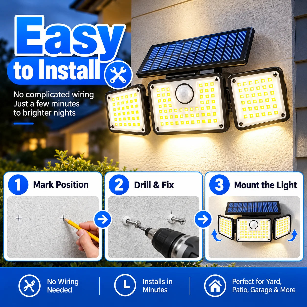 288 LED Solar Motion Sensor Light with Remote Control, 3 Adjustable Heads Outdoor Security Flood Light, 3 Lighting Modes, IP65 Waterproof Solar Wall Light for Yard, Garage, Patio & Porch