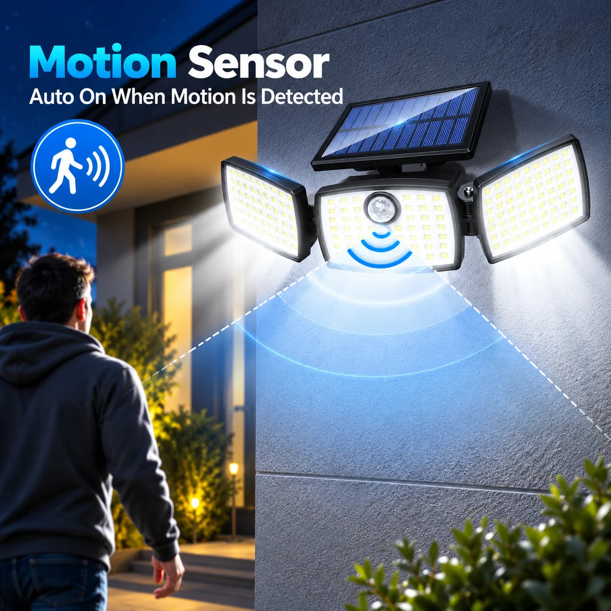 3-Head Solar Motion Sensor Security Lights with Remote Control, Adjustable Wide-Angle Outdoor LED Flood Light for Garage, Yard, Porch, Patio