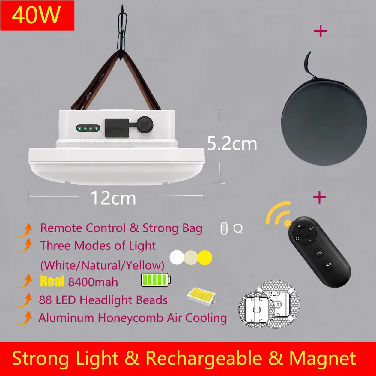13500mAh Remote Control LED Rechargeable Camping Lantern Magnet Strong Light Portable Flashlights Tent Lights with Case Bag
