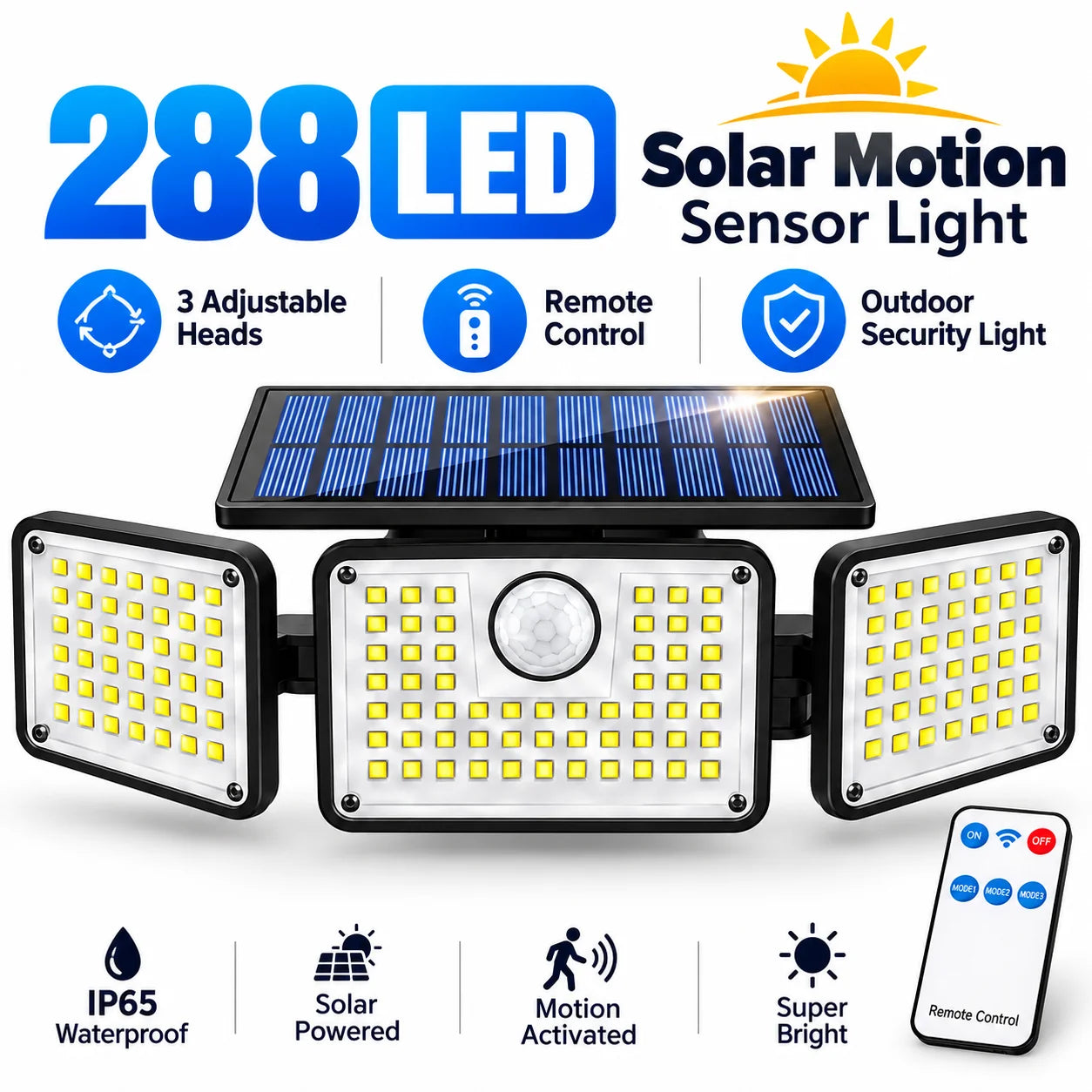 288 LED Solar Motion Sensor Light with Remote Control, 3 Adjustable Heads Outdoor Security Flood Light, 3 Lighting Modes, IP65 Waterproof Solar Wall Light for Yard, Garage, Patio & Porch