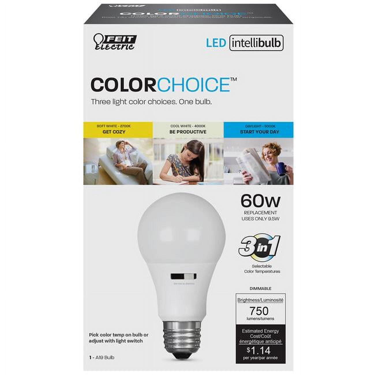 Feit Electric 3764909 95 Watt 750 Lumens 2700  4000 & 5000 K A-Line A19 Intellibulb Colorchoice Led Bulb