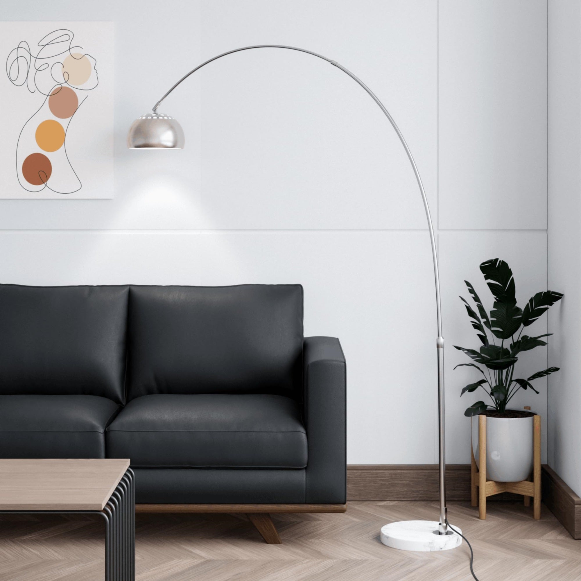 Leisuremod Arco Mid-Century Modern Arched Floor Lamp 75.6" Height With White Round Marble Base And Metal Dome Lamp Shade For Living Room And Bedroom (Silver)