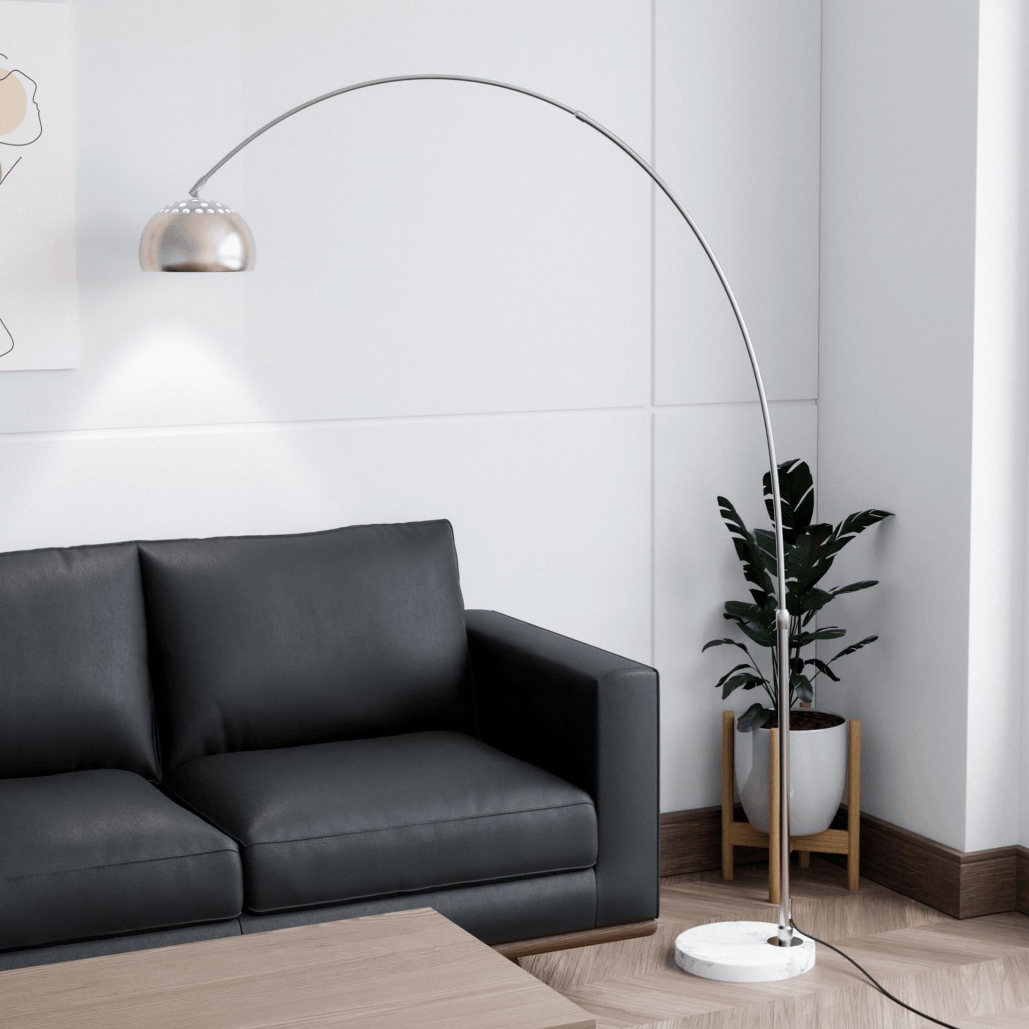 Leisuremod Arco Mid-Century Modern Arched Floor Lamp 75.6" Height With White Round Marble Base And Metal Dome Lamp Shade For Living Room And Bedroom (Silver)