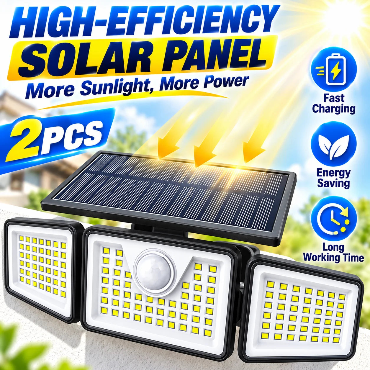 2PCS Solar Motion Sensor Security Lights with Remote Control, 3 Lighting Modes, 270° Adjustable 3-Head LED Outdoor Wall Lights, IP65 Waterproof Solar Flood Lights for Garage, Yard, Garden, Patio & Front Door