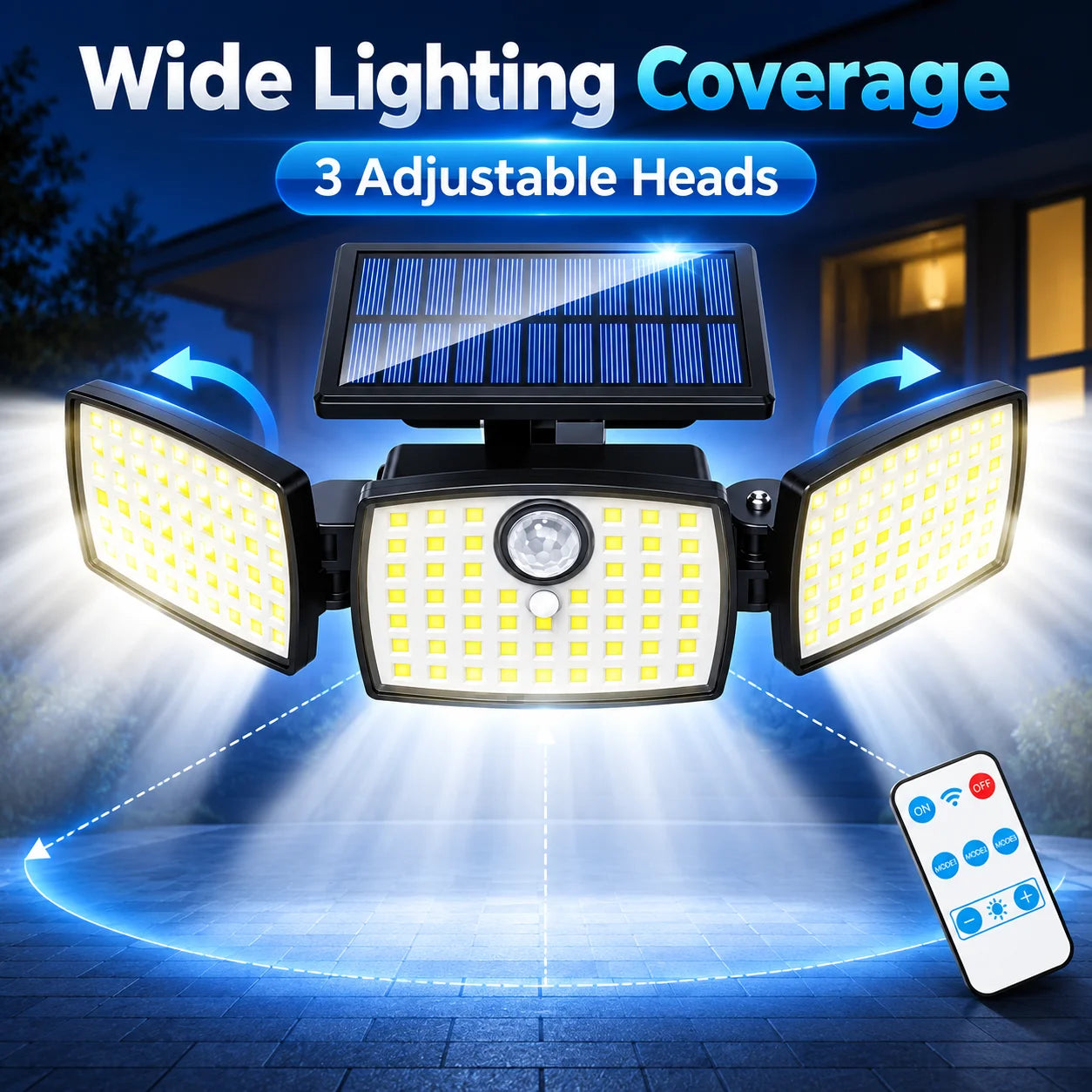 3-Head Solar Motion Sensor Security Lights with Remote Control, Adjustable Wide-Angle Outdoor LED Flood Light for Garage, Yard, Porch, Patio