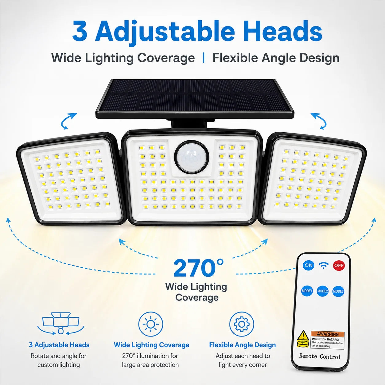 368LED Triple-Head Solar Powered Motion Sensor Outdoor Security Floodlight with Remote Control Waterproof Wall-Mounted Garden Lights for Garage Patio Garden Porch