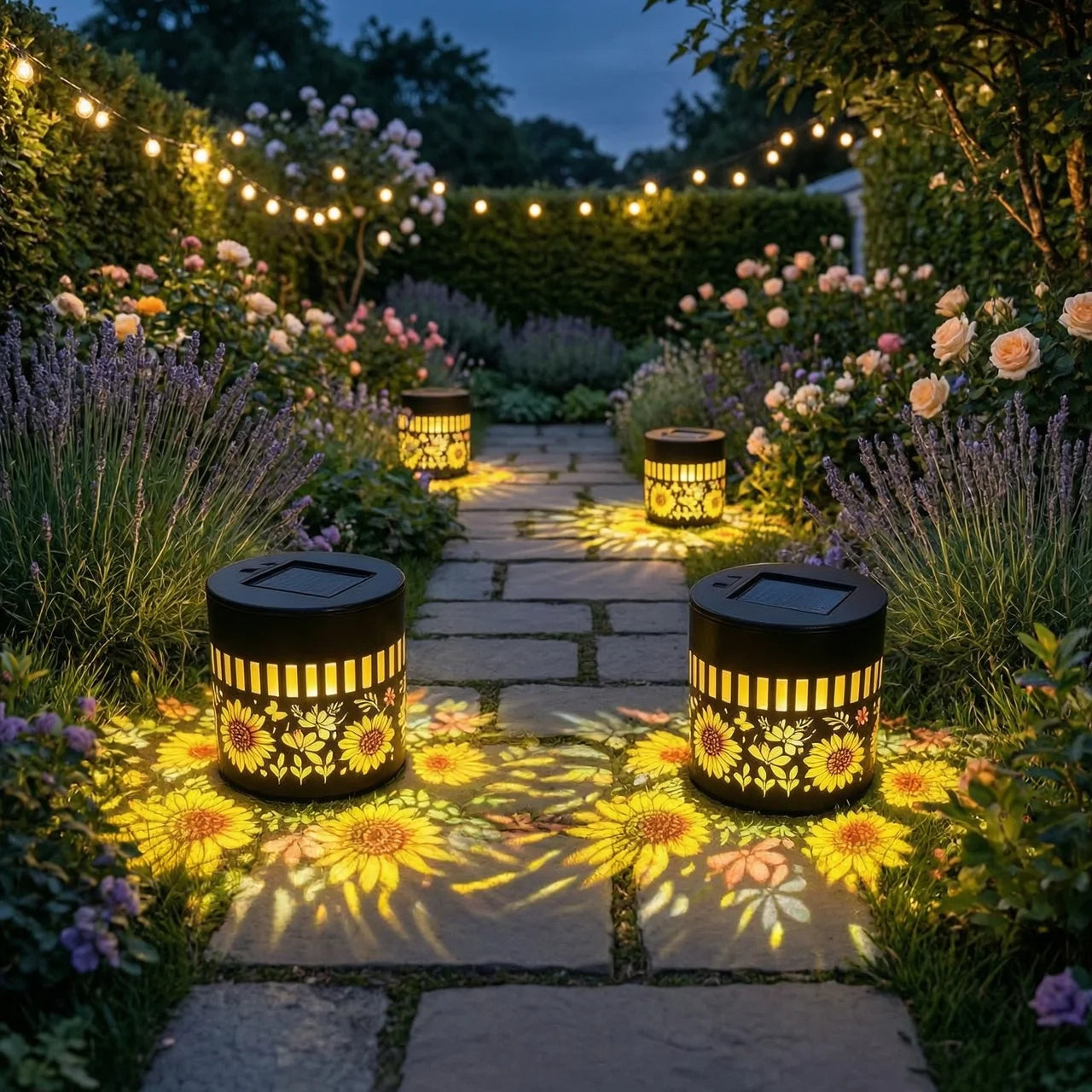 2 Pack Solar Fence Lights, Metal Solar Outdoor Deck/Step Wall Lights, Christmas Decorative Lights, Painted Sunflower Lanterns, Suitable for Garden Columns, Patios, Backyards And Courtyards, Fairy Tale Garden Decorative Light