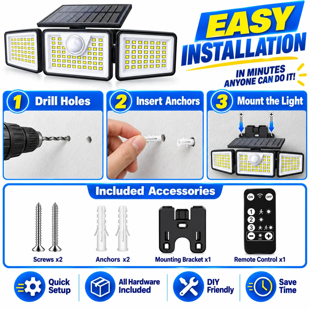 2PCS Solar Motion Sensor Security Lights with Remote Control, 3 Lighting Modes, 270° Adjustable 3-Head LED Outdoor Wall Lights, IP65 Waterproof Solar Flood Lights for Garage, Yard, Garden, Patio & Front Door