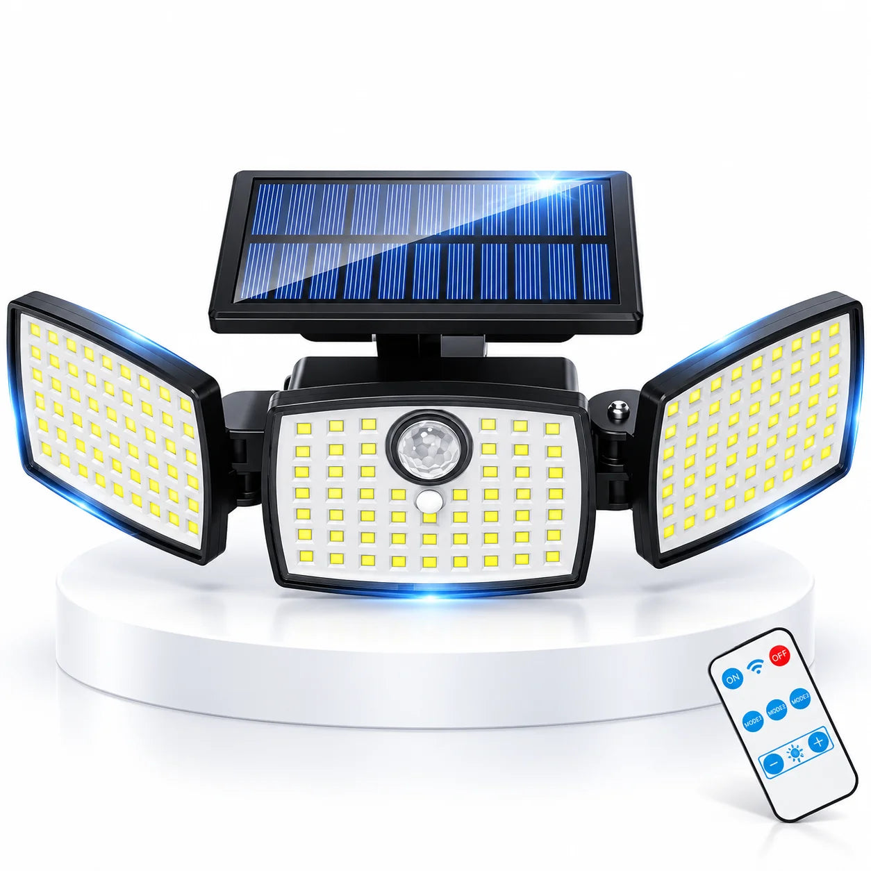 3-Head Solar Motion Sensor Security Lights with Remote Control, Adjustable Wide-Angle Outdoor LED Flood Light for Garage, Yard, Porch, Patio