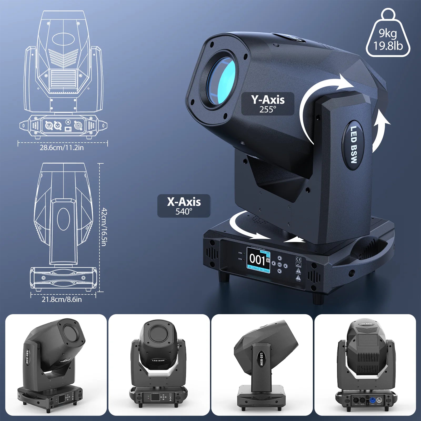 Fieryzeal 200W LED Moving Head Light DMX512 Rotating Stage Light Beam Zoom Wash DJ Light Pattern Effect for Party Wedding Show