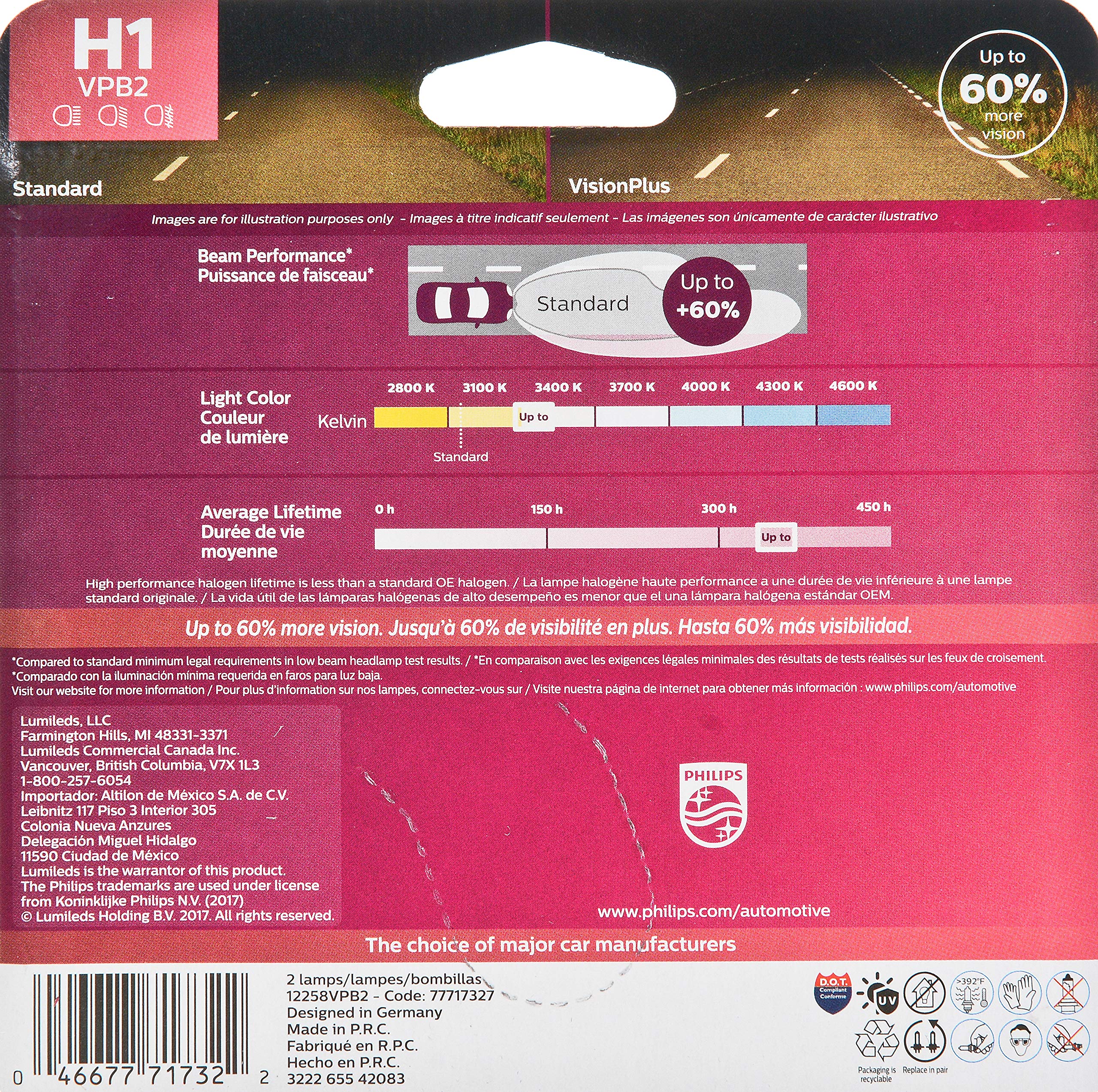 Philips Automotive Lighting H1 VisionPlus Deluxde Upgrade Automotive Replacement Headlight Bulb, Fits Select High Beam, Low Beam