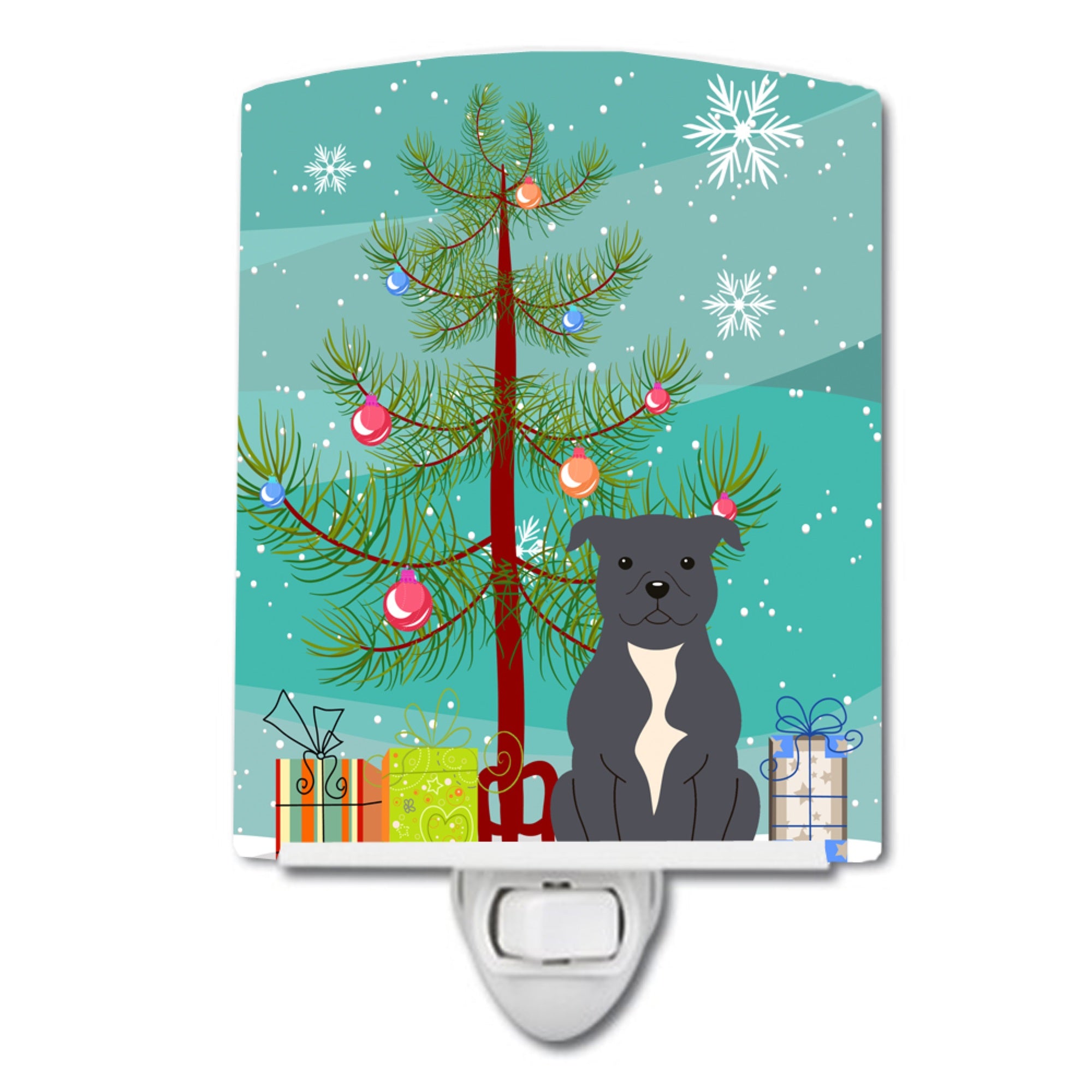  inchCarolines Treasures Merry Christmas Tree Staffordshire Bull Terrier Blue Ceramic Night Light, 6x4, Multicolor inch