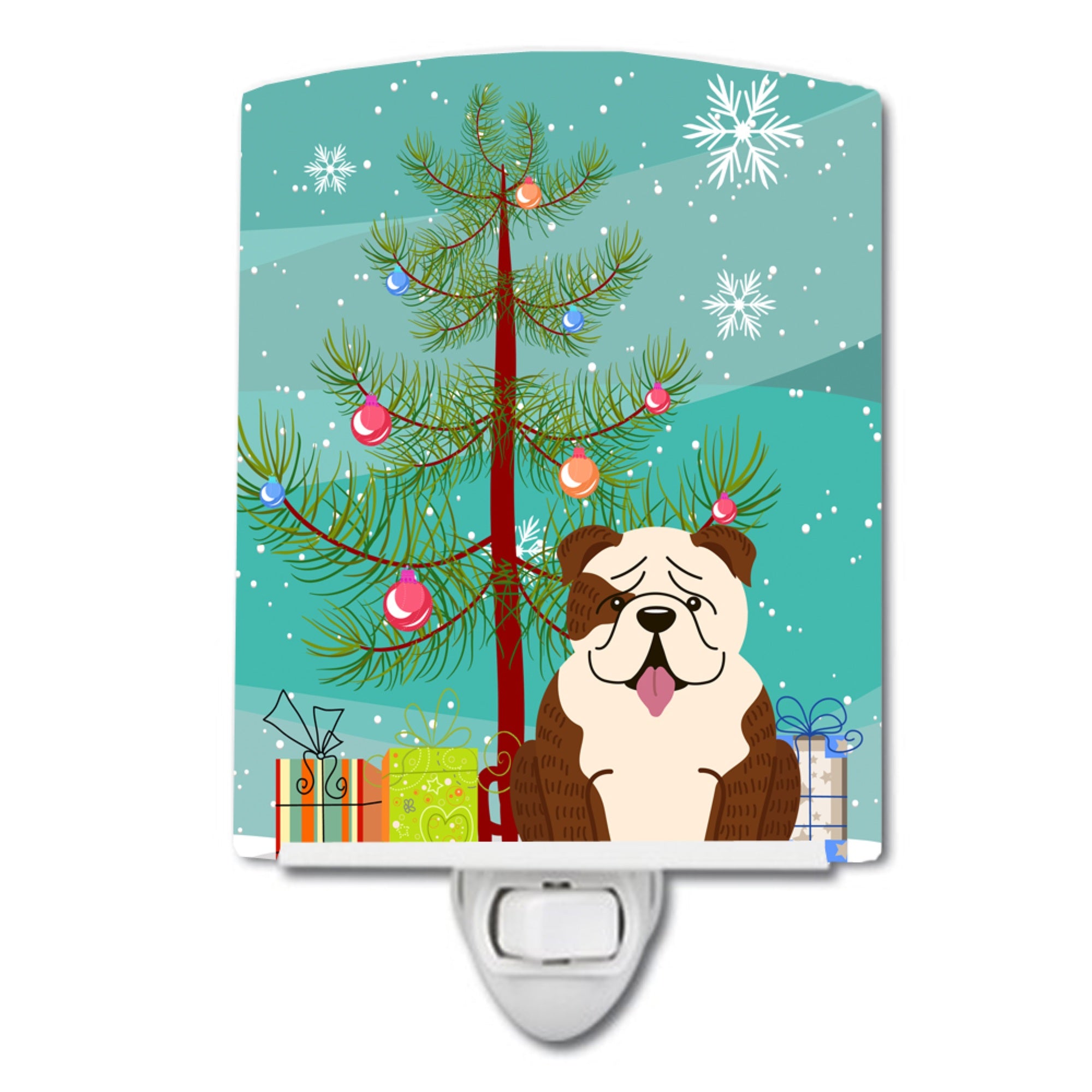  inchCarolines Treasures Merry Christmas Tree English Bulldog Brindle White Ceramic Night Light, 6x4, Multicolor inch