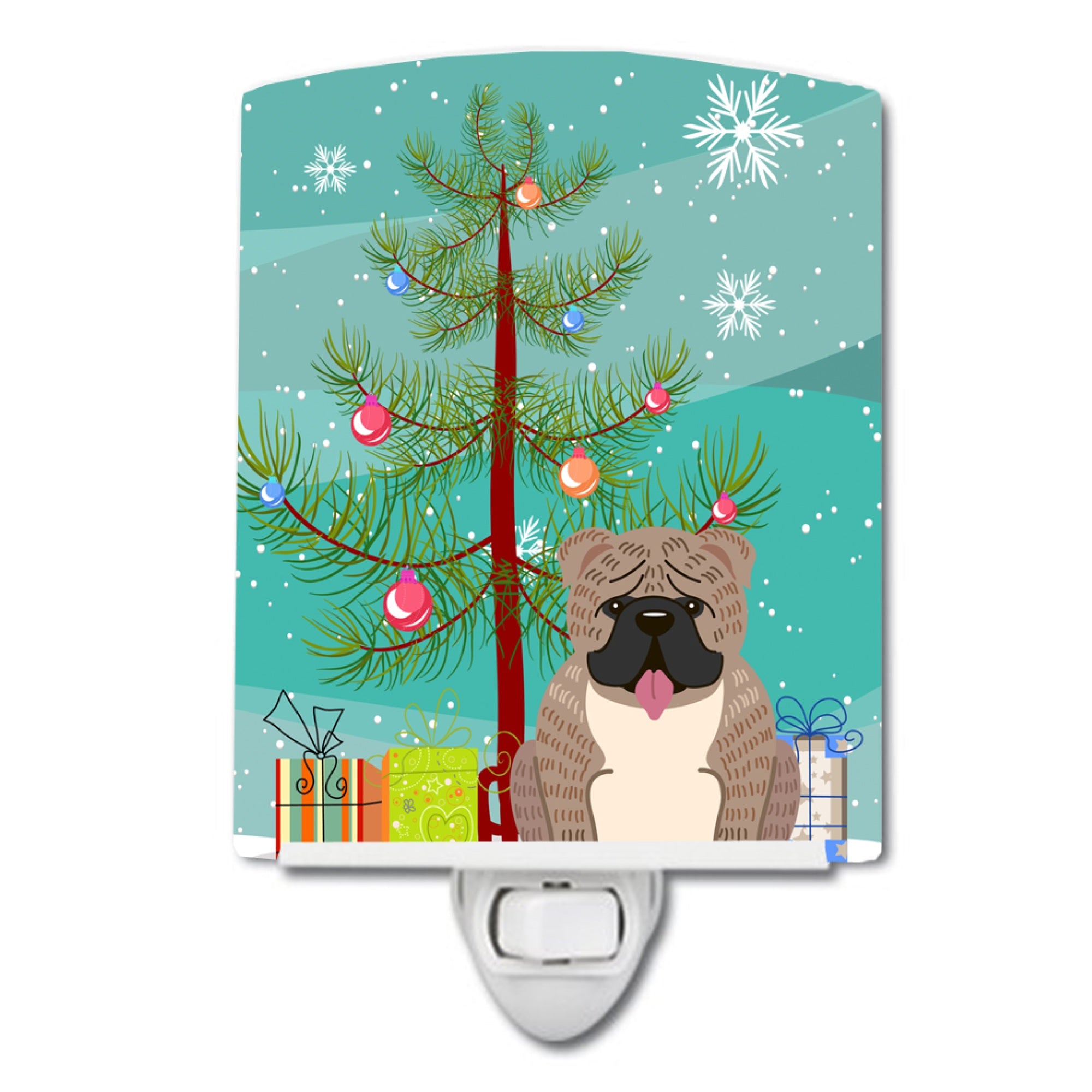  inchCarolines Treasures Merry Christmas Tree English Bulldog Grey Brindle Ceramic Night Light, 6x4, Multicolor inch