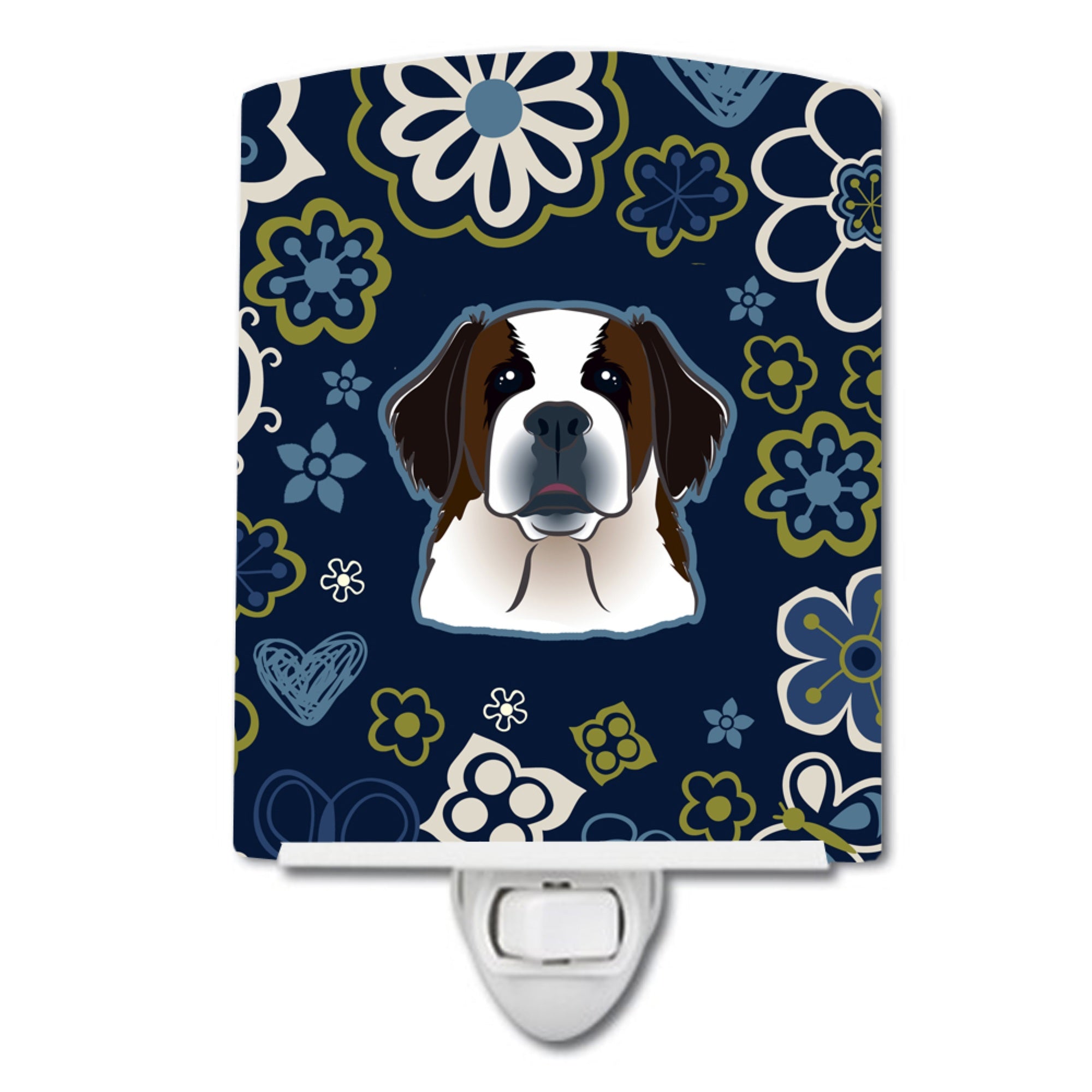  inchCarolines Treasures Blue Flowers Saint Bernard Ceramic Night Light, 6x4, Multicolor inch