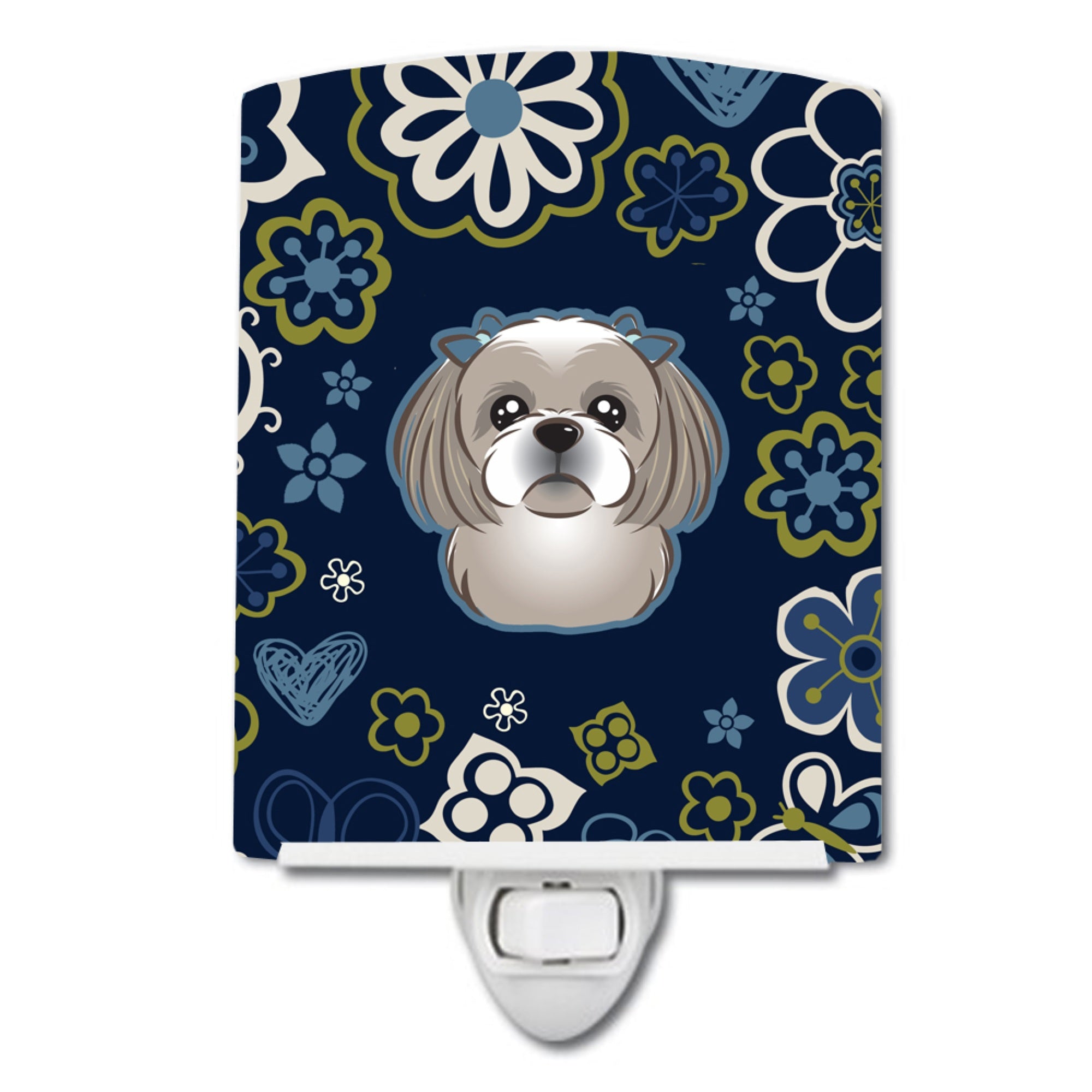  inchCarolines Treasures Blue Flowers Gray Silver Shih Tzu Ceramic Night Light, 6x4, Multicolor inch