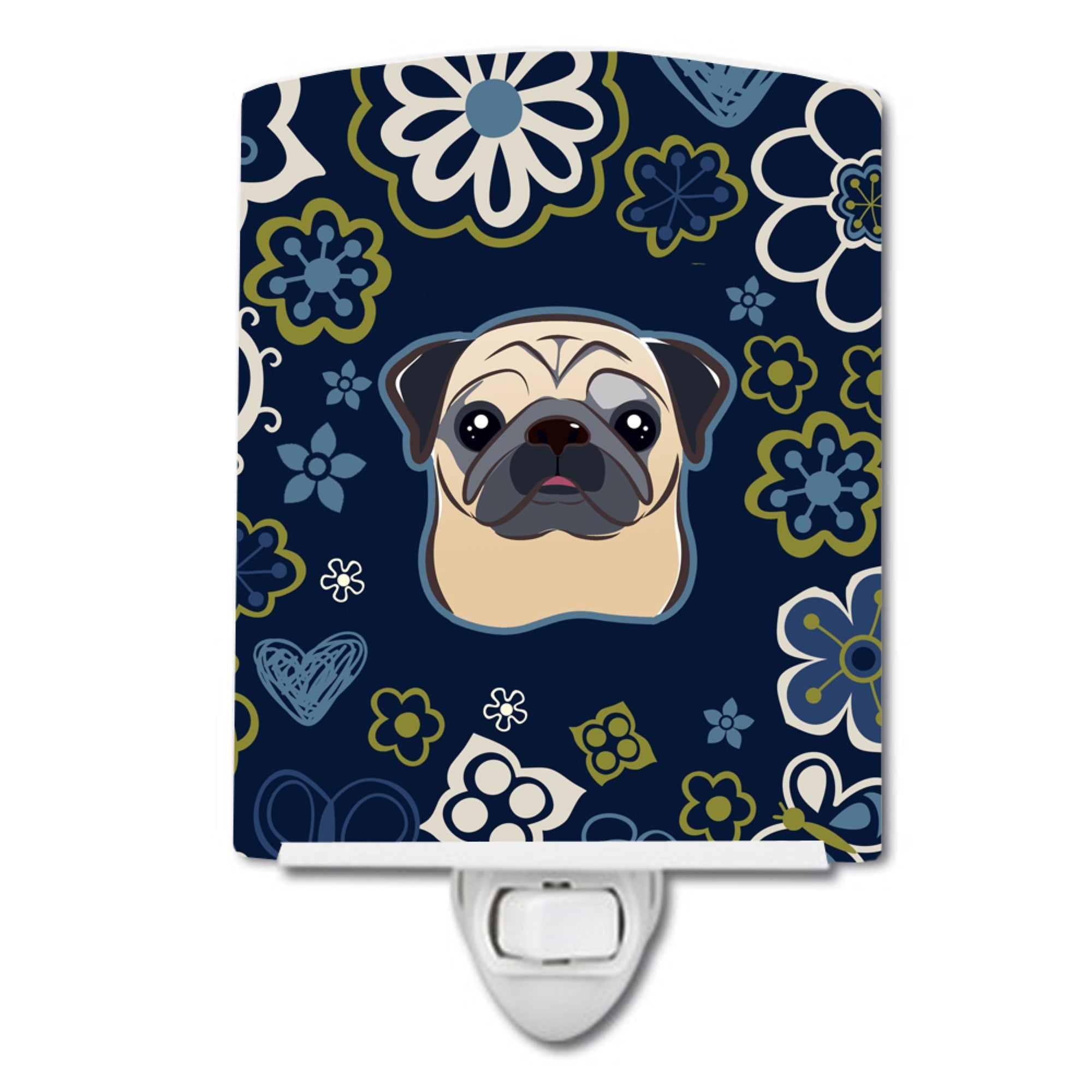  inchCarolines Treasures Blue Flowers Fawn Pug Ceramic Night Light, 6x4, Multicolor inch