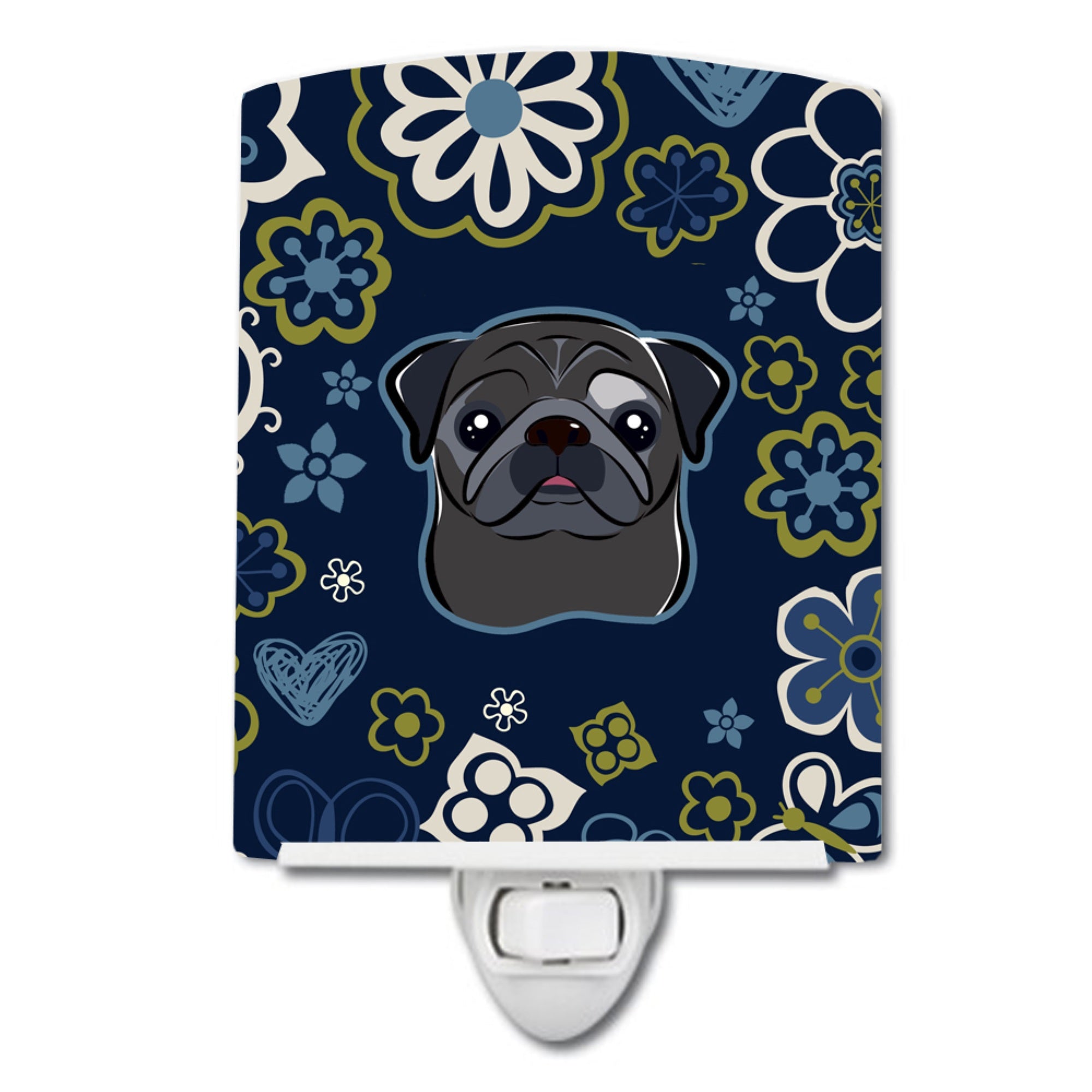  inchCarolines Treasures Blue Flowers Black Pug Ceramic Night Light, 6x4, Multicolor inch