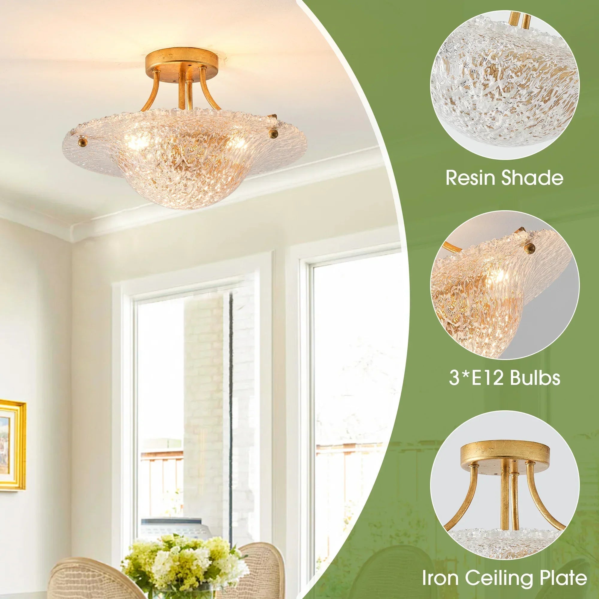16 Inch Page 3-Light Vintage Golden Semi-Flush Mount Ceiling Light
