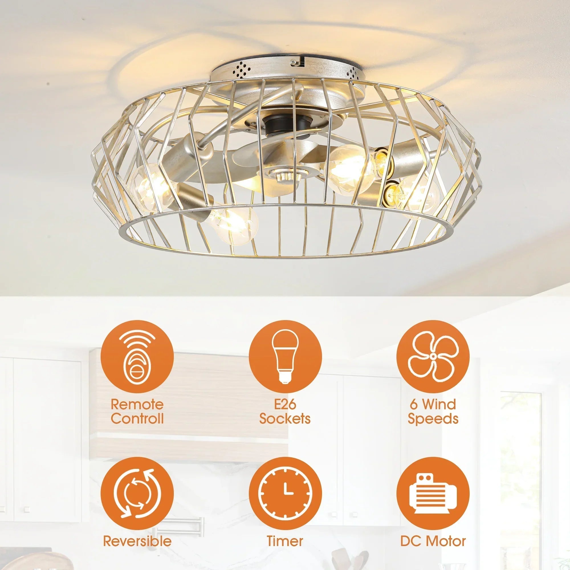 20 Inch Silver Flush Mount Ceiling Fan with Light APP and Remote Control