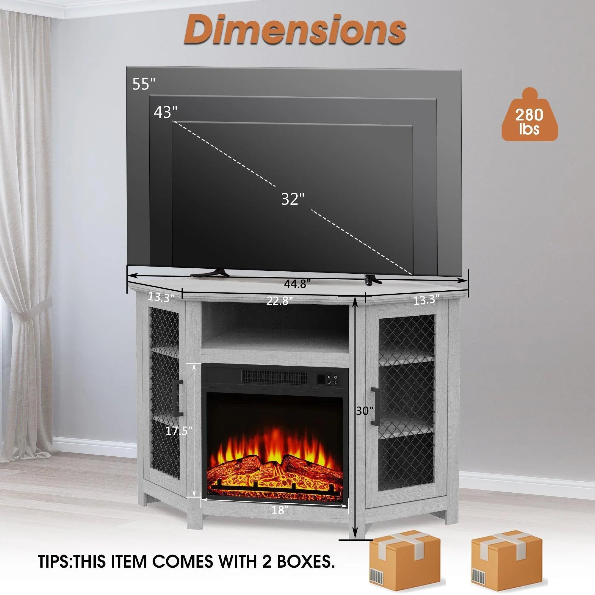 45" Corner Electric Fireplace TV Stands Console Table Insert 18" Electric Fireplace with 2 Metal Mesh Doors
