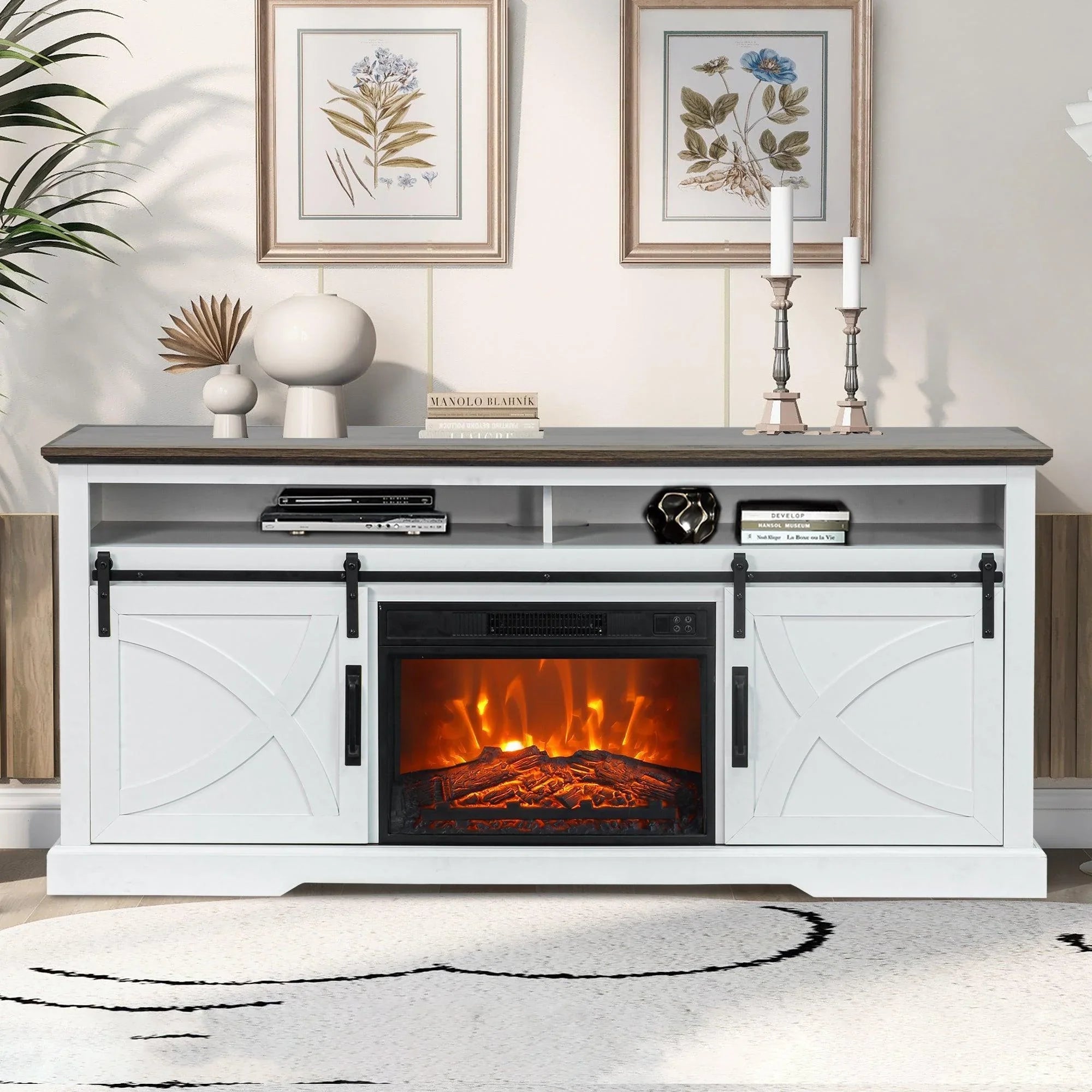 68" Farmhouse TV Stand with 23" Insert Opening Electric Fireplace