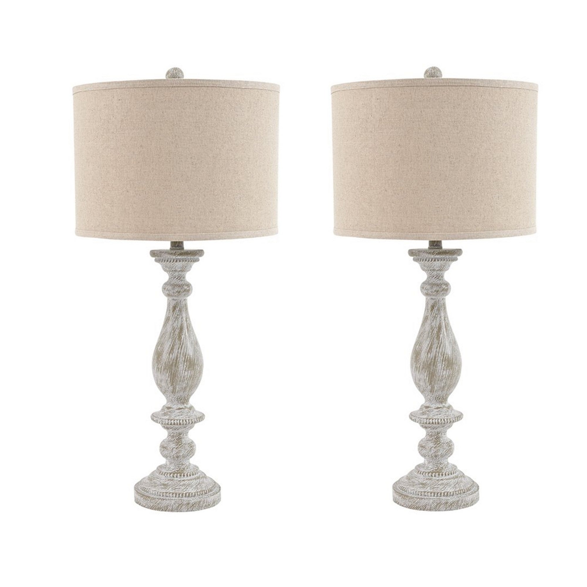 Benjara Drum Shade Table Lamp With Pedestal Base, Set Of 2, Beige And White
