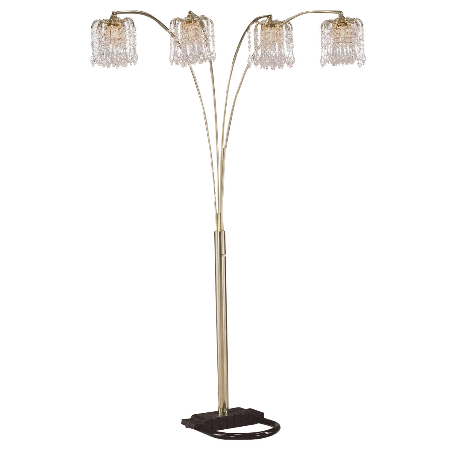 Metal Arc Floor Lamp with 4 Hanging Crystal Lights, Black and Gold