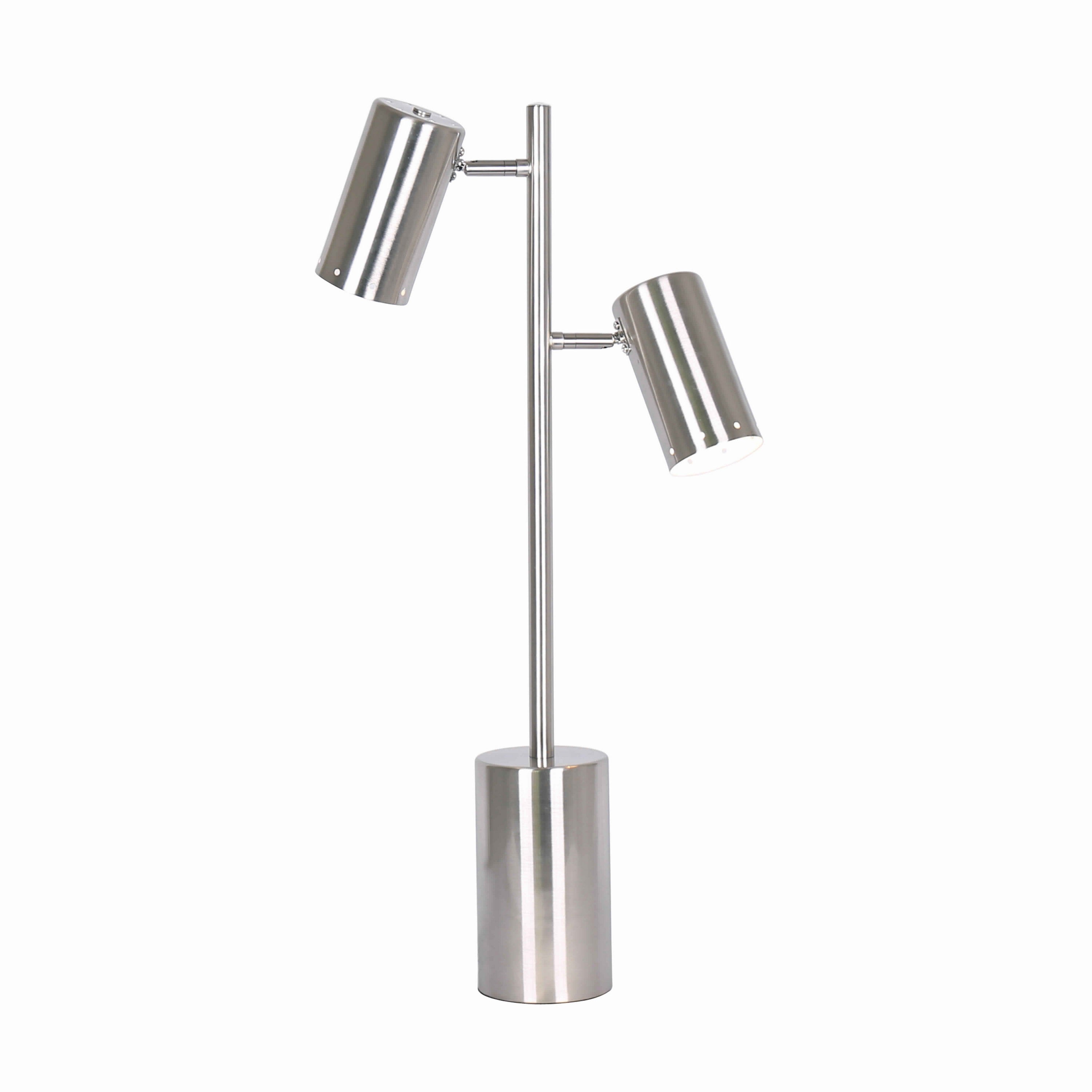 Benjara 26 Inches Dual Light Metal Frame Table Lamp With Cylindrical Shade, Silver