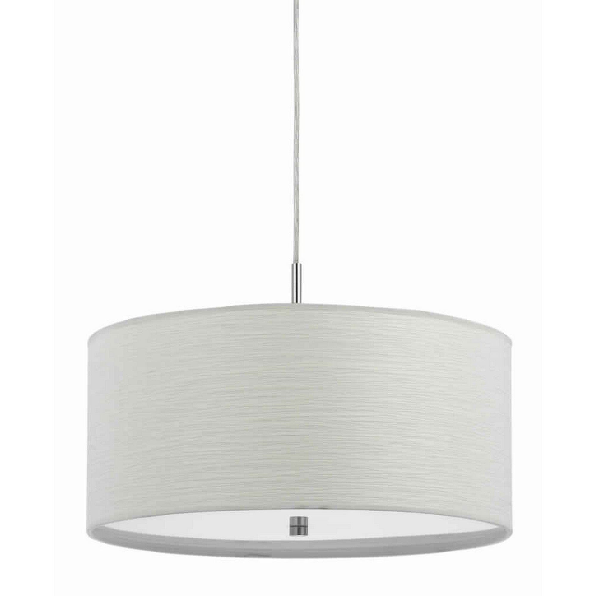 Drum Style Pendant Fixture with Fabric Shade and Brushed Details, White