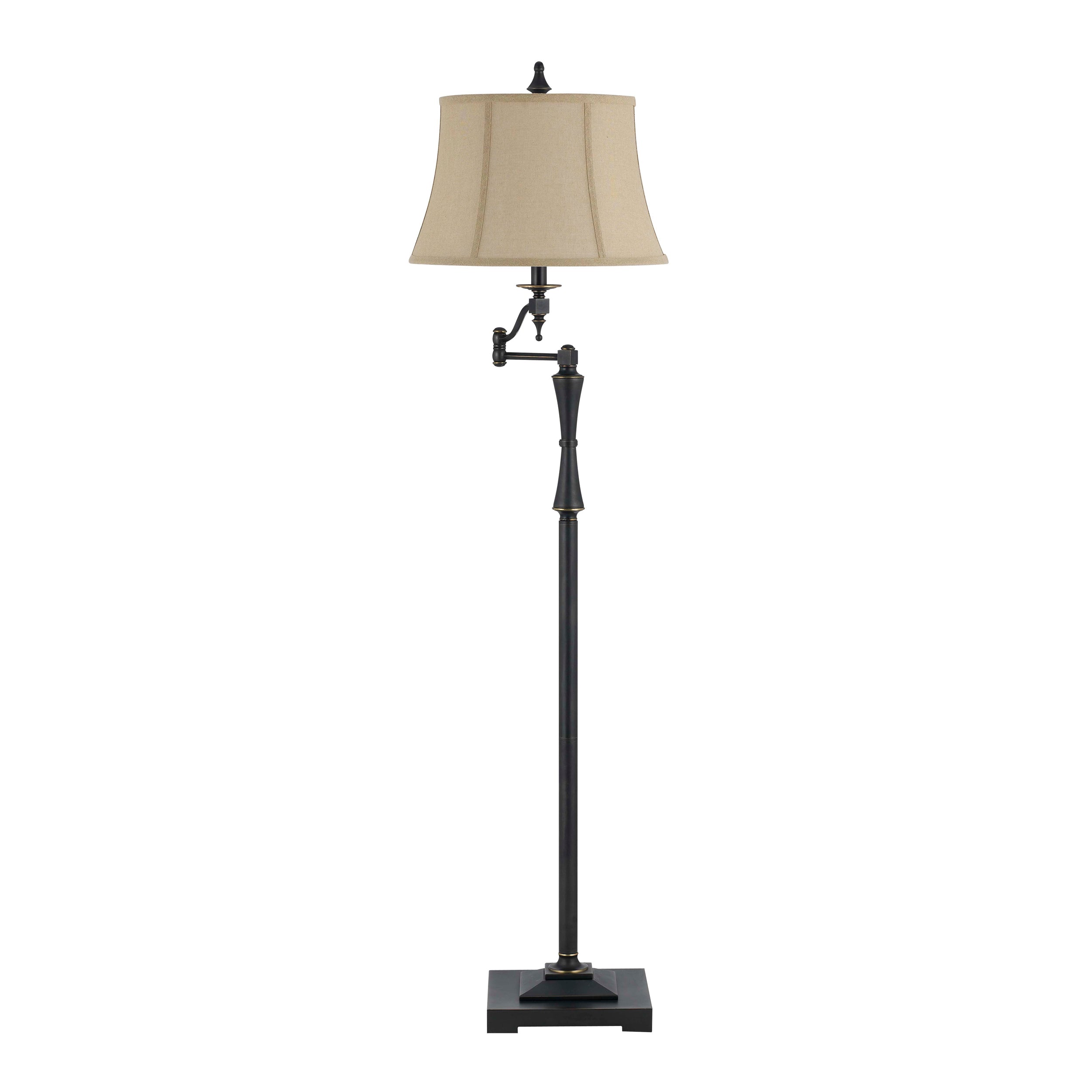 Metal Body Floor Lamp with Fabric Tapered Bell Shade, Beige and Black