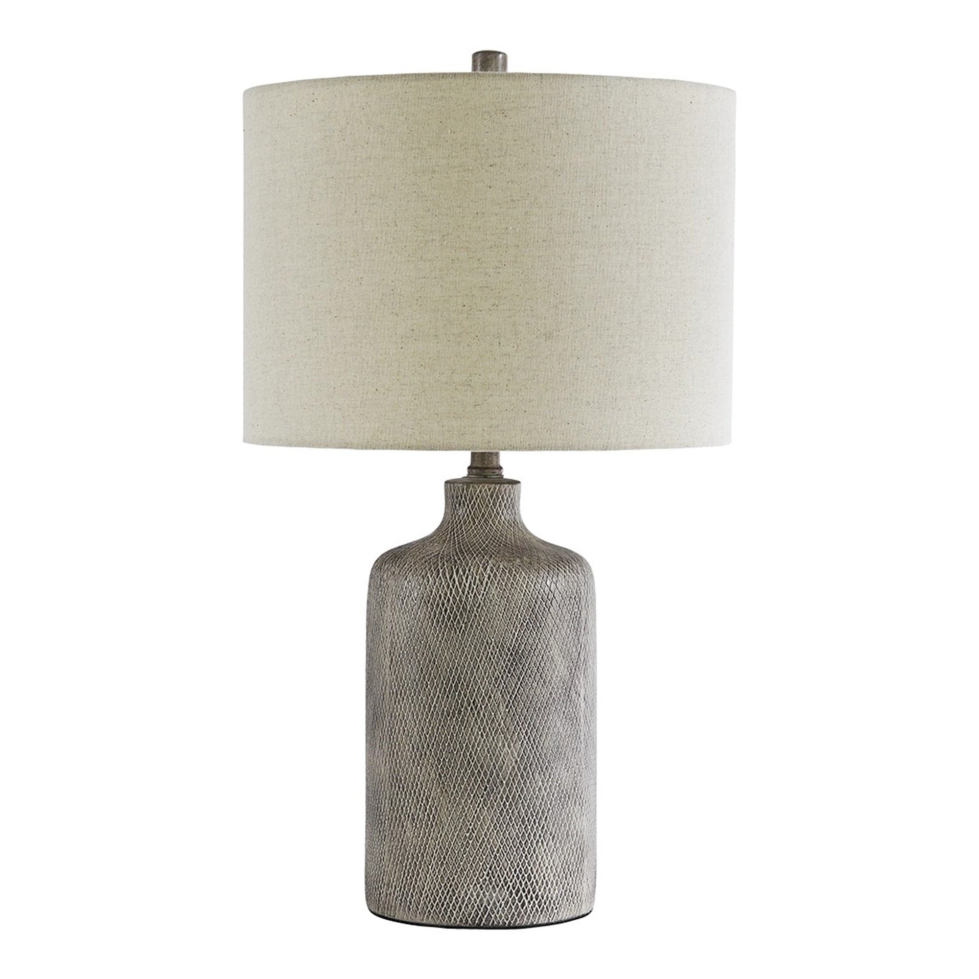 Benzara Table Lamp - Textured Ceramic Frame, Fabric Shade, Gray and White, Model BM231942