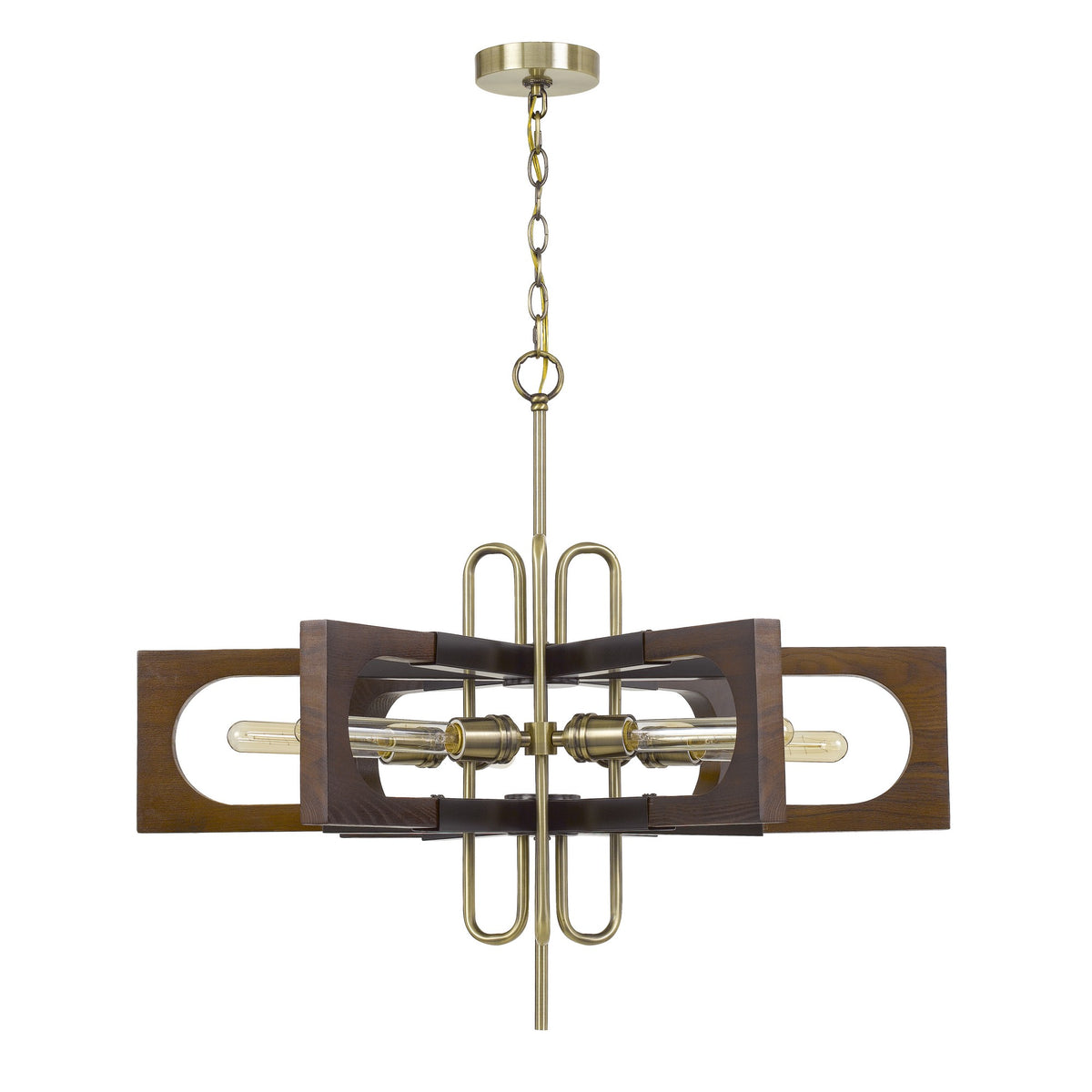 Fan Blade Design Wooden Chandelier with Metal Frame, Gold and Brown