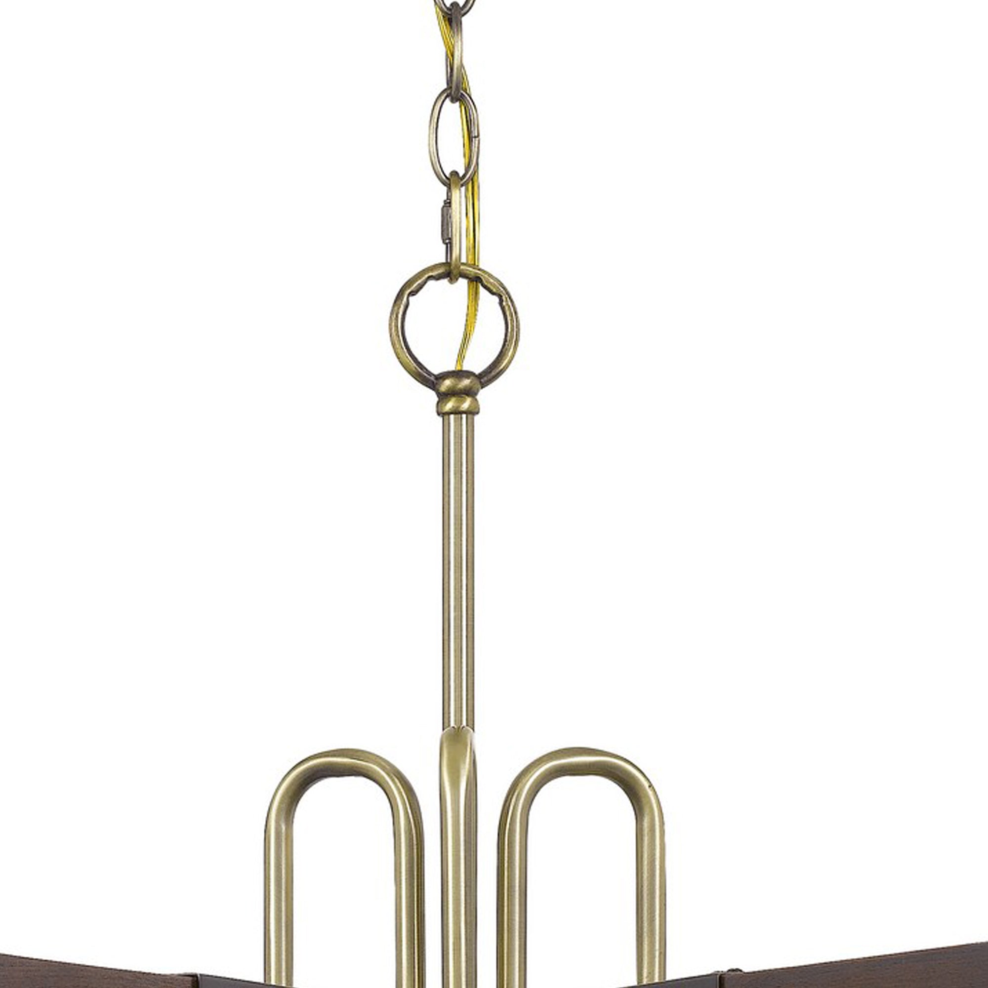Fan Blade Design Wooden Chandelier with Metal Frame, Gold and Brown
