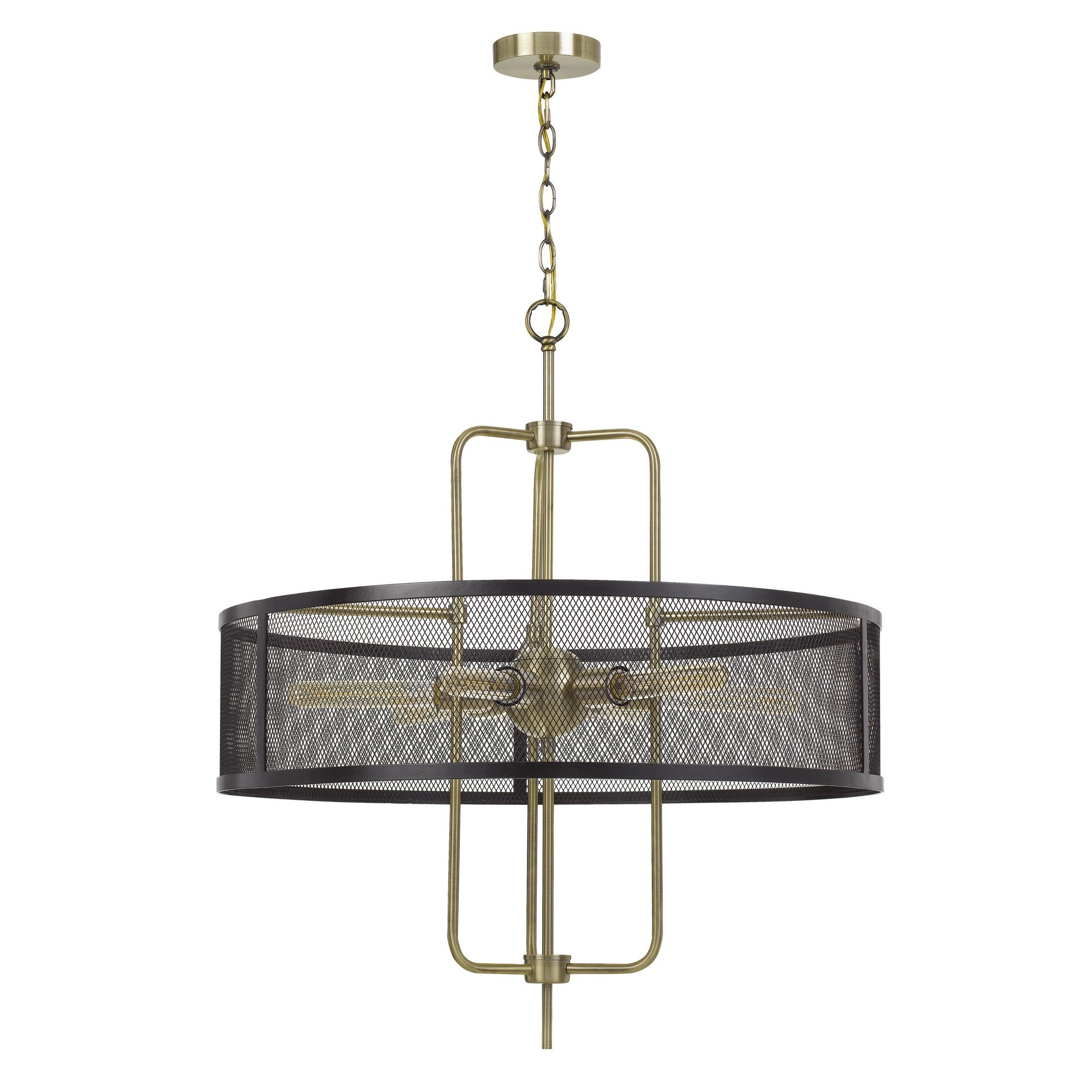 Metal Chandelier with Mesh Drum Shade, Black and Gold