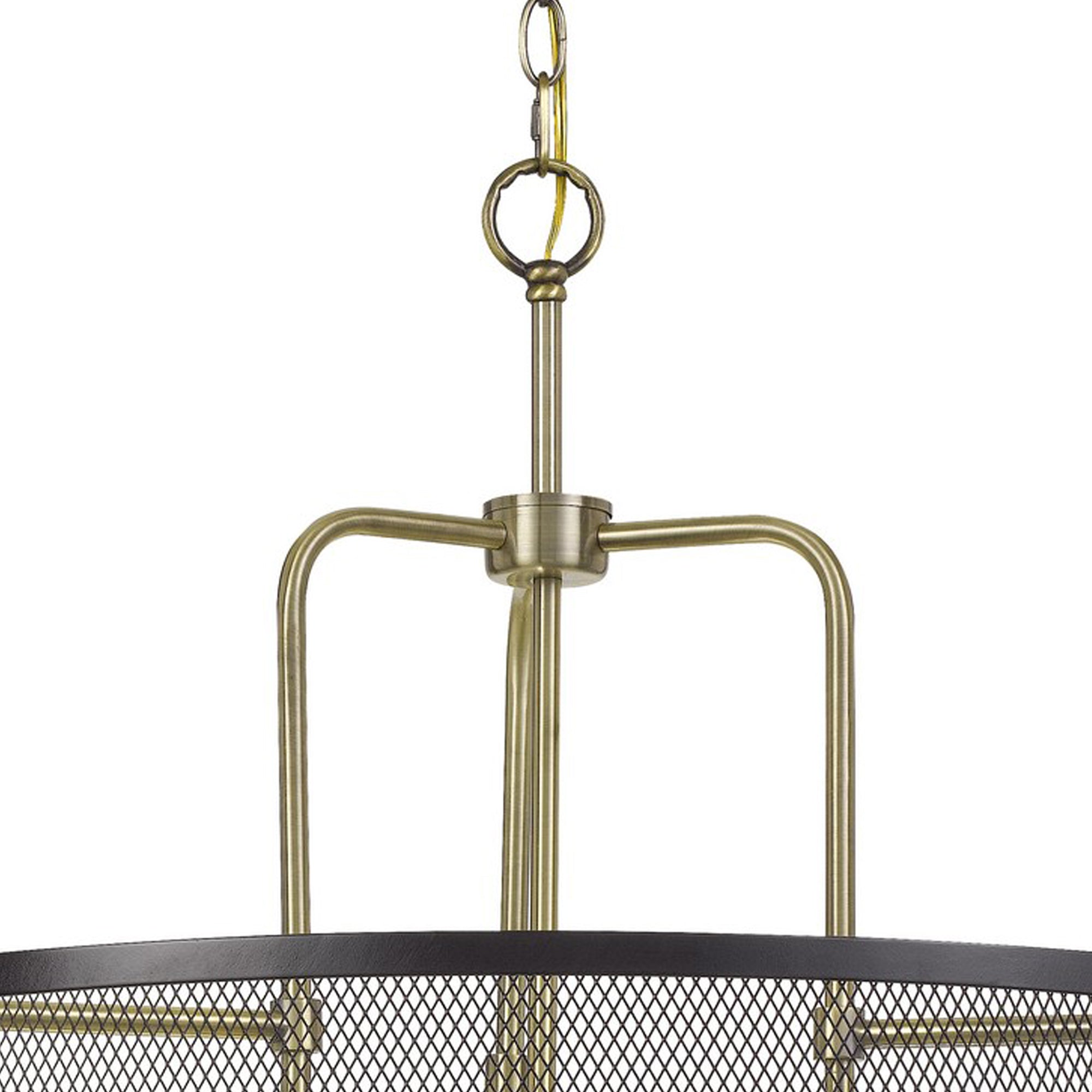 Metal Chandelier with Mesh Drum Shade, Black and Gold